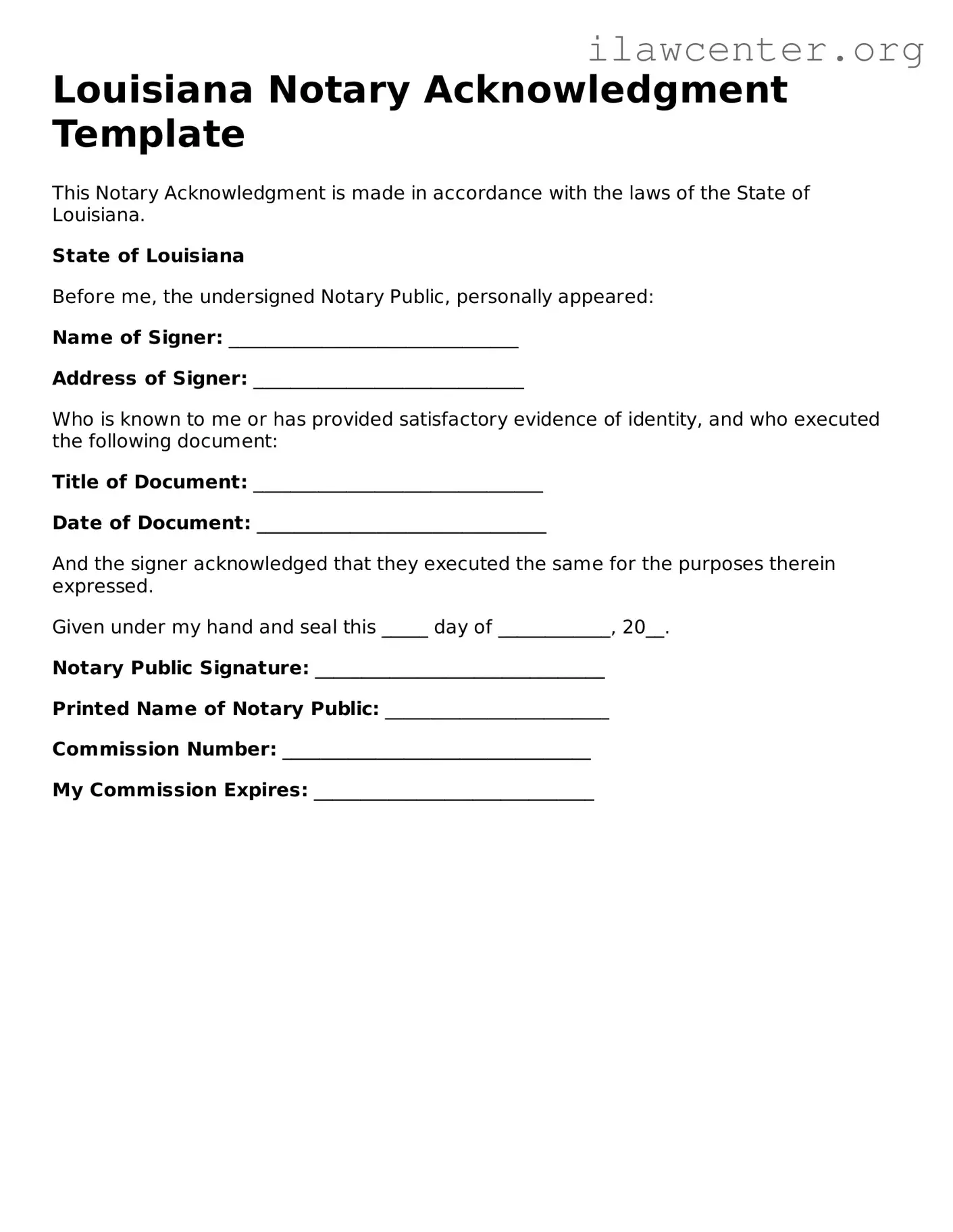 Attorney-Verified  Notary Acknowledgement Document for Louisiana