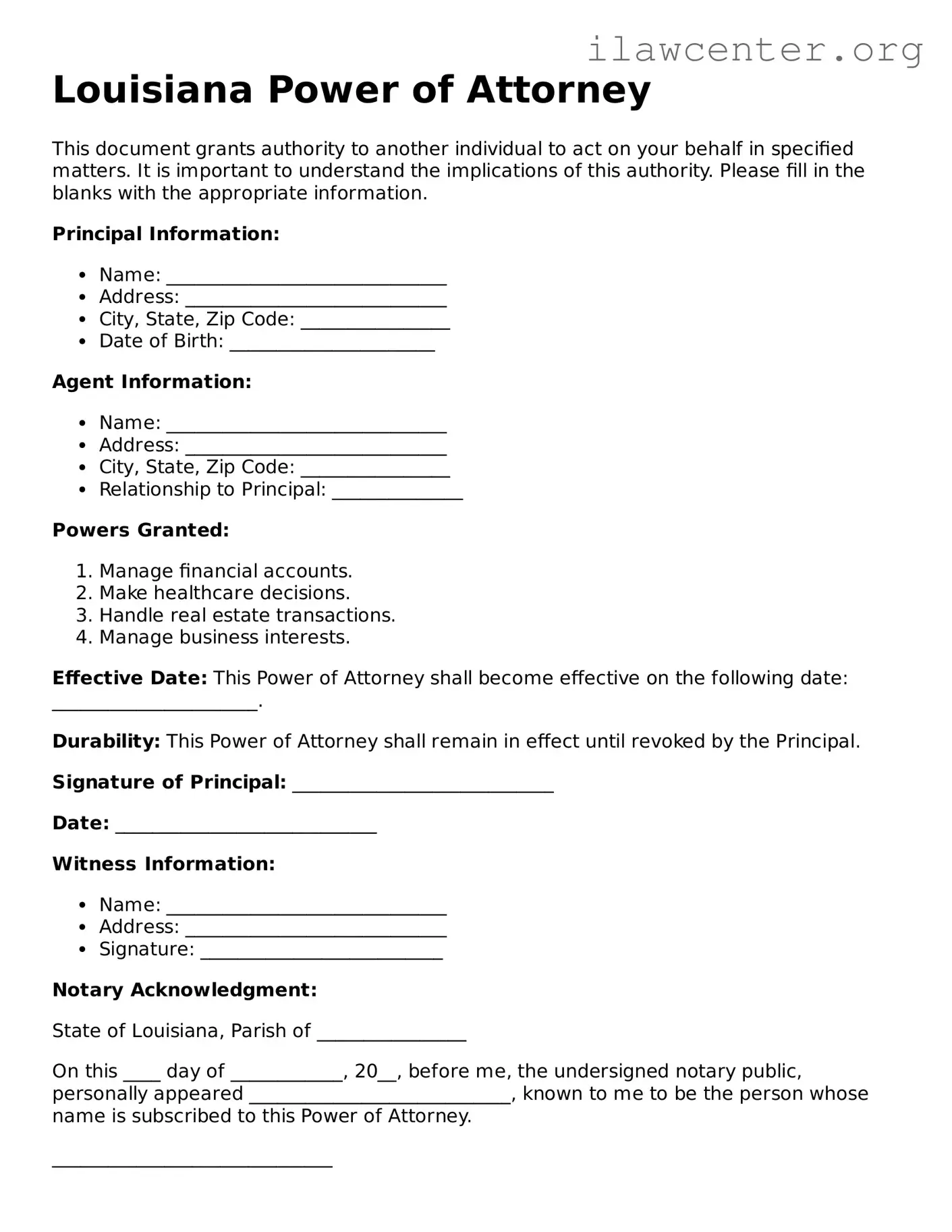 Attorney-Verified  Power of Attorney Document for Louisiana