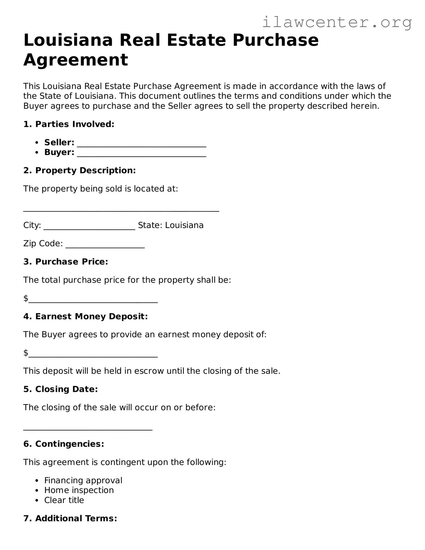 Attorney-Verified  Real Estate Purchase Agreement Document for Louisiana