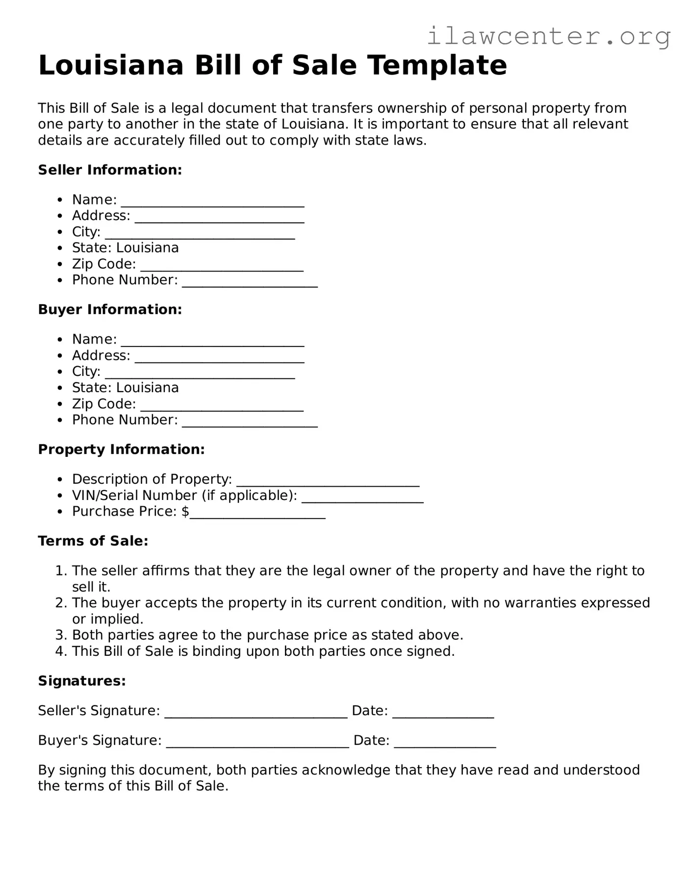Attorney-Verified  Bill of Sale Document for Louisiana