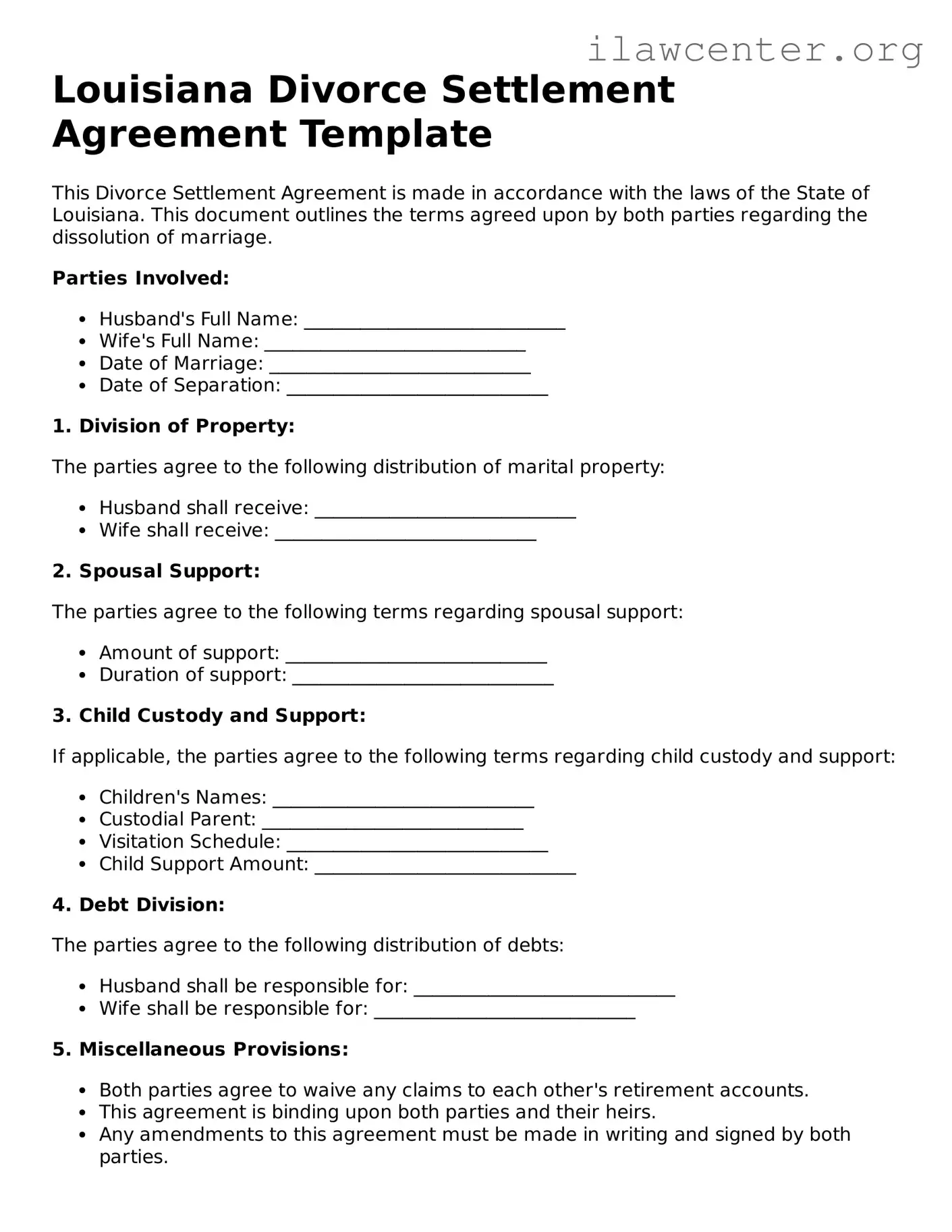 Attorney-Verified  Divorce Settlement Agreement Document for Louisiana