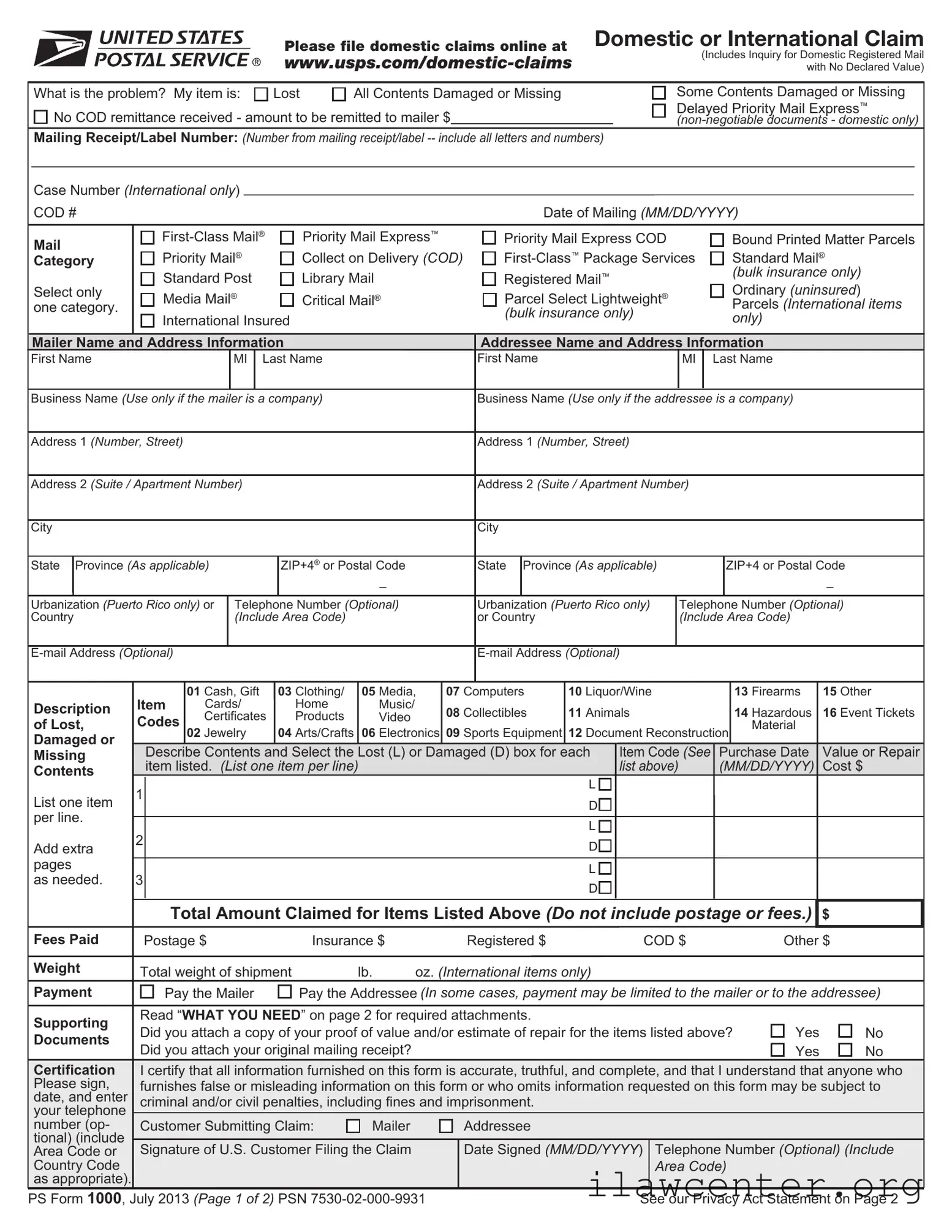 Usps Domestic Claim PDF Template