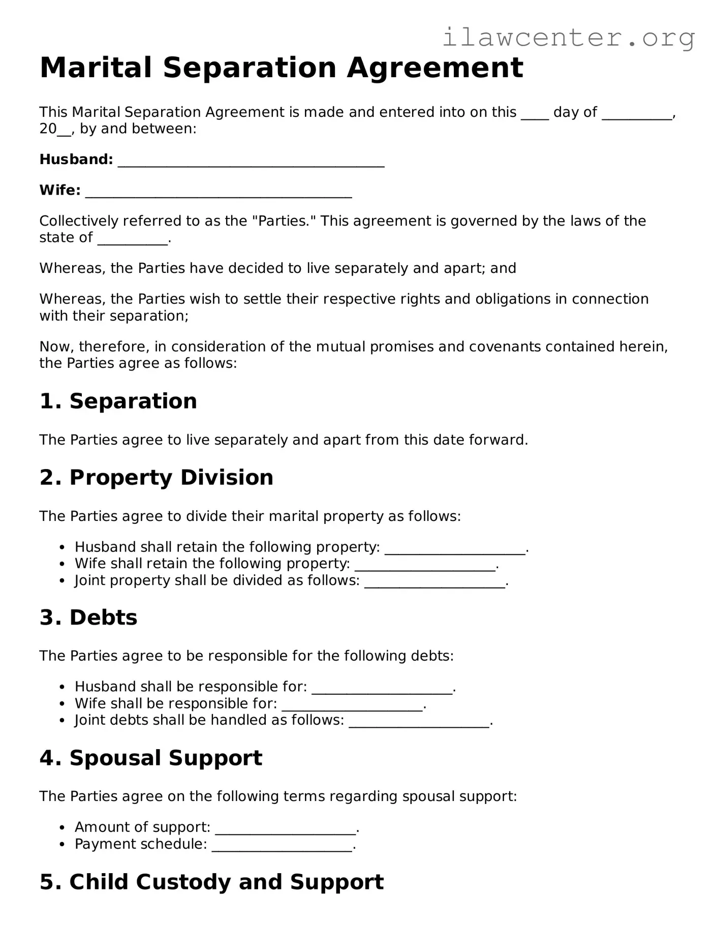Fillable Marital Separation Agreement Document