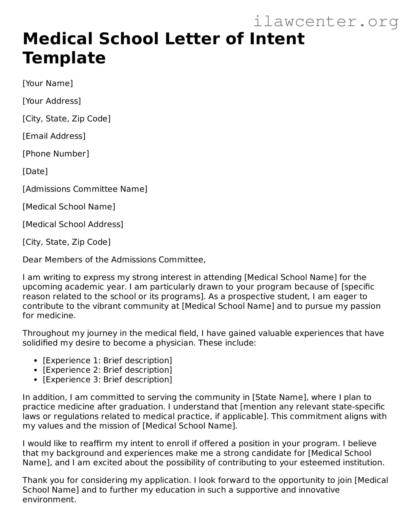 Fillable Medical School Letter of Intent Document