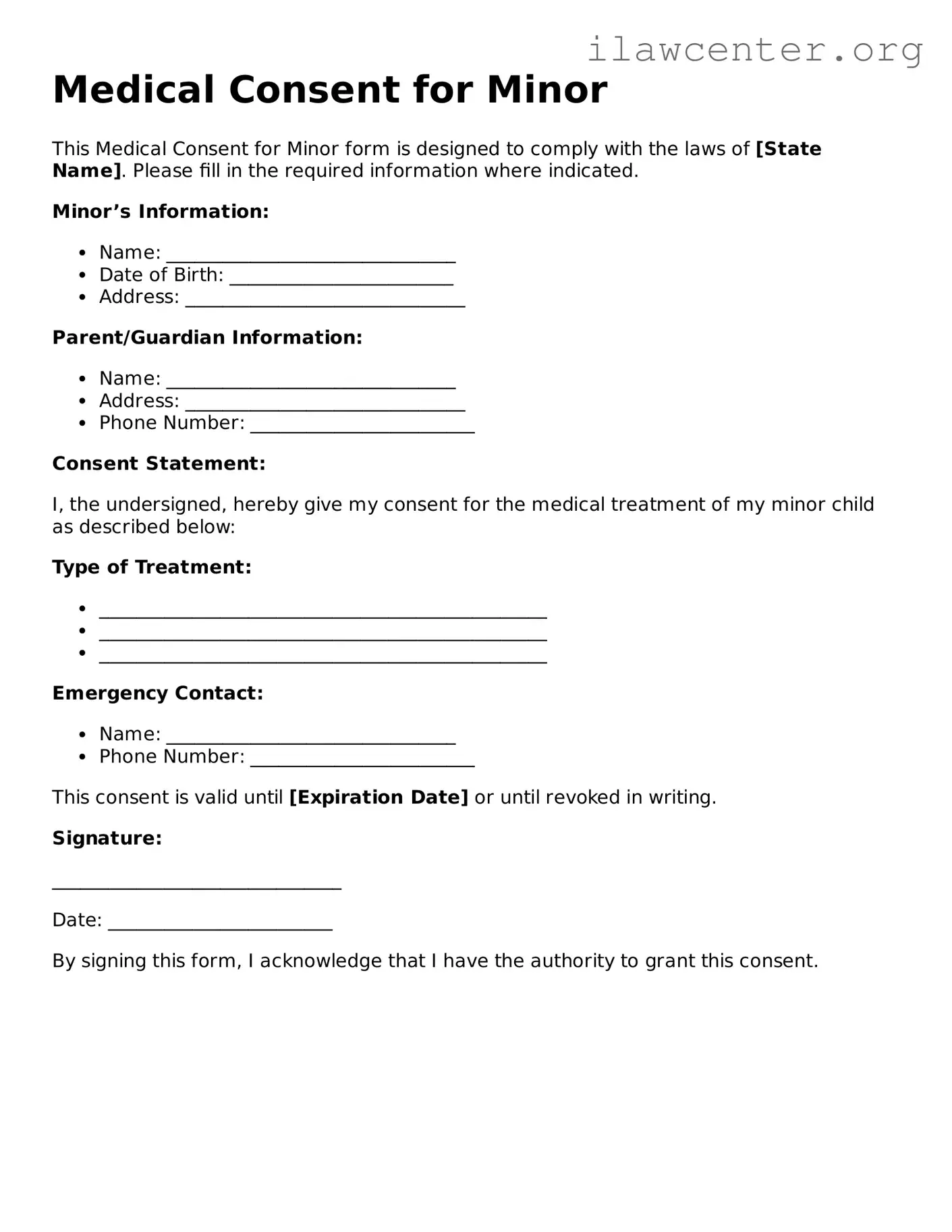 Fillable Medical Consent for Minor Document