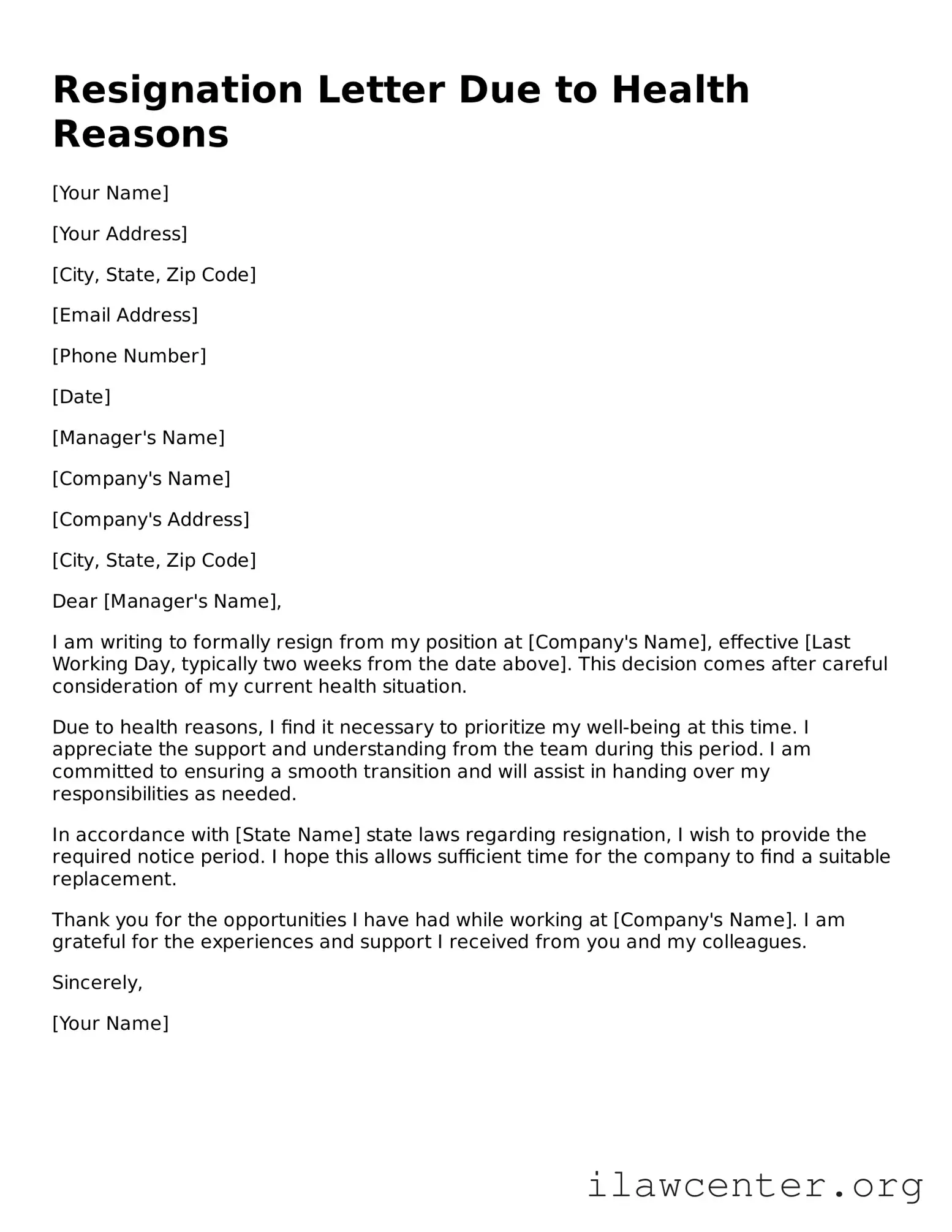 Fillable Resignation Letter Due to Health Reasons Document