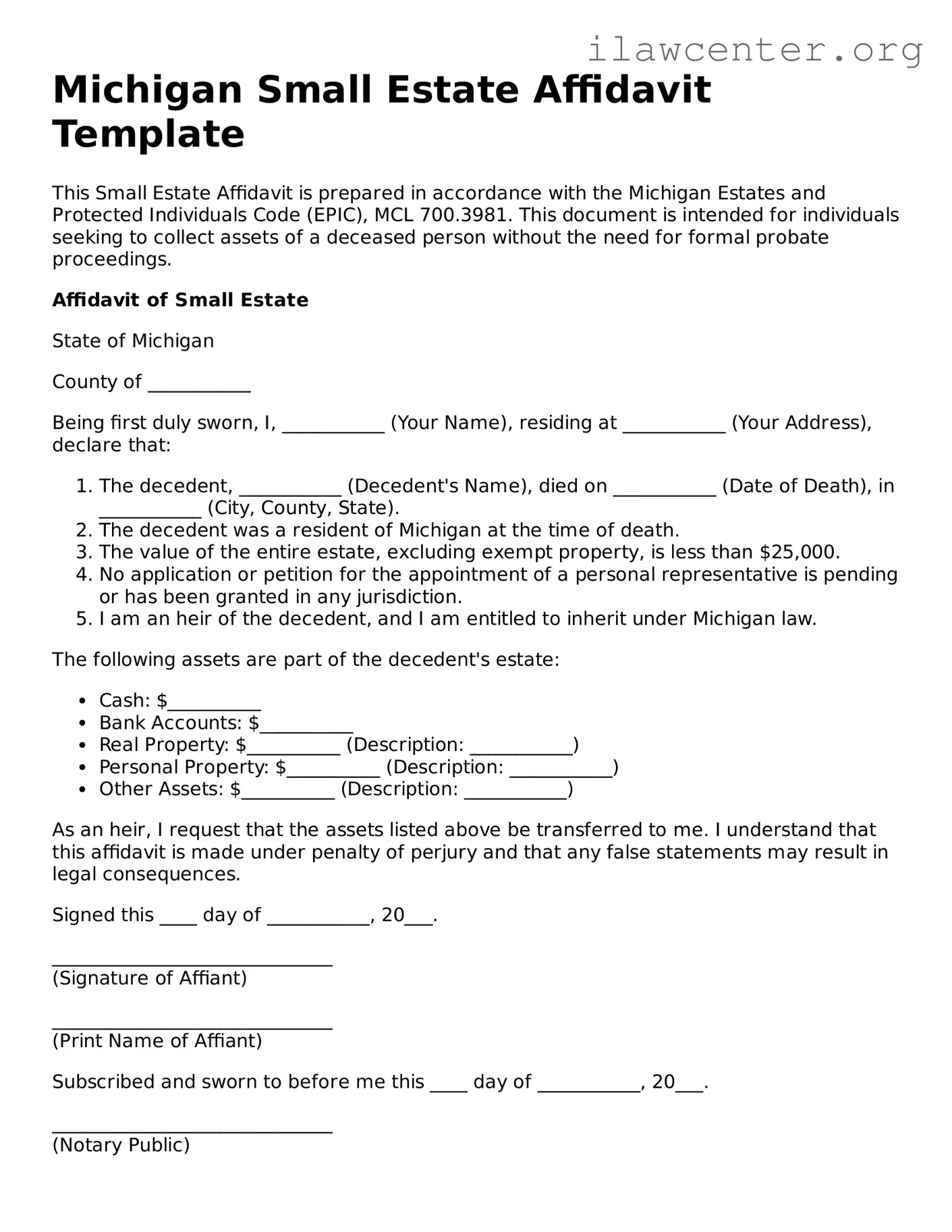 Attorney-Verified  Small Estate Affidavit Document for Michigan