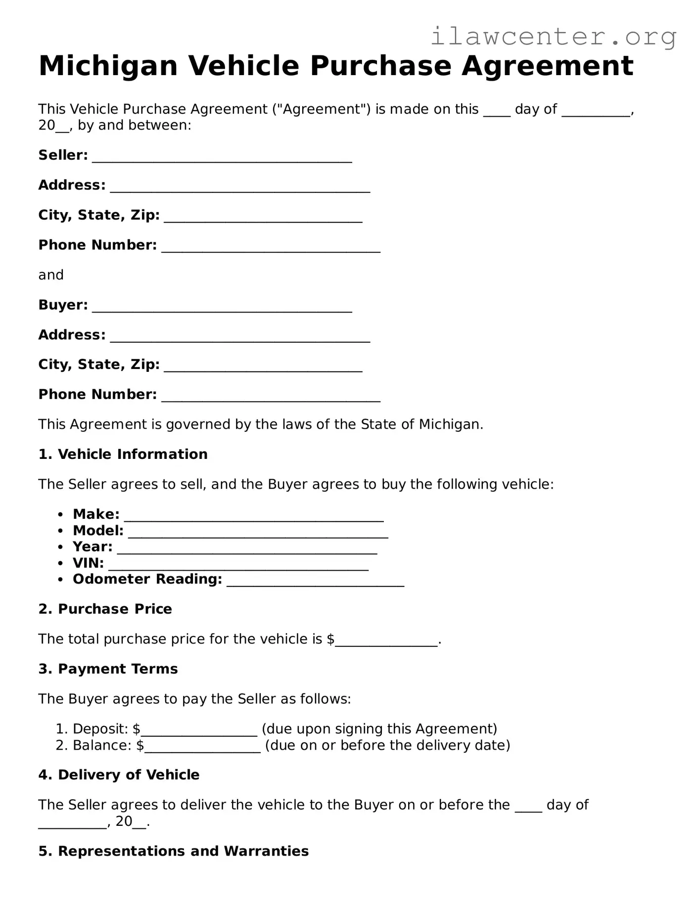 Attorney-Verified  Vehicle Purchase Agreement Document for Michigan