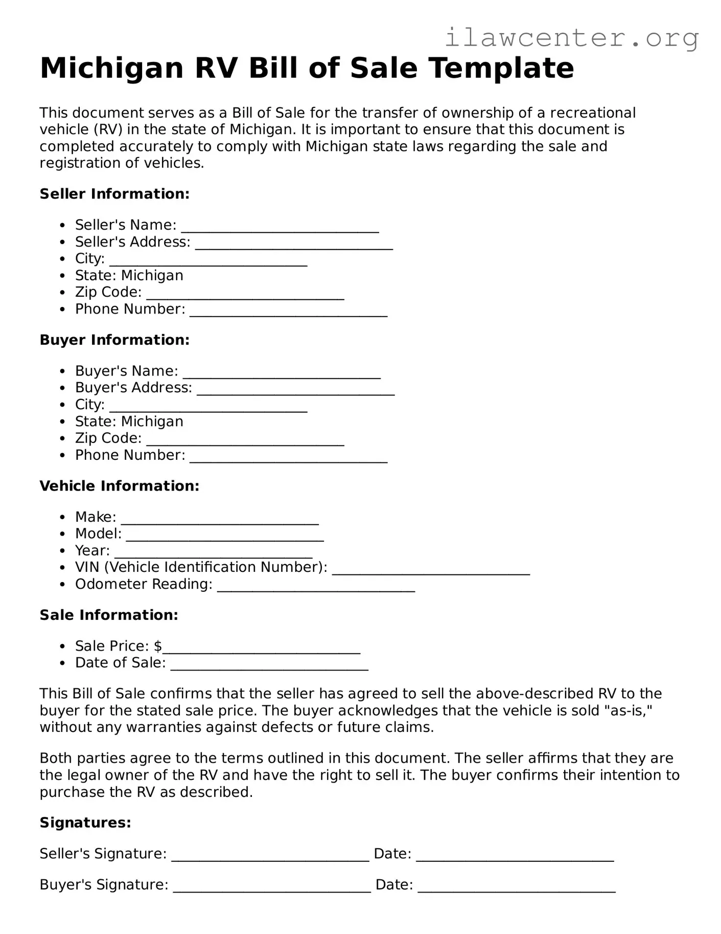 Attorney-Verified  RV Bill of Sale Document for Michigan