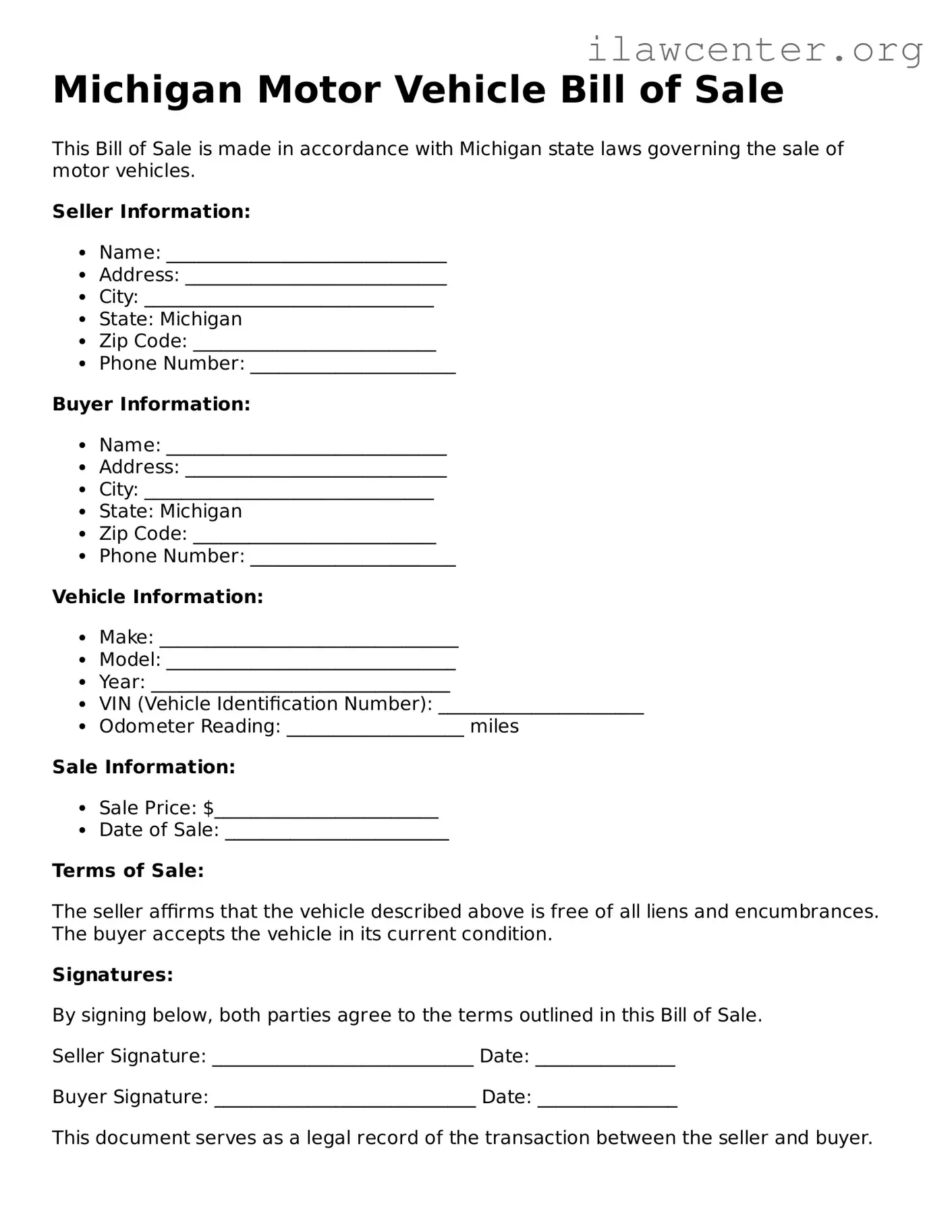 Attorney-Verified  Motor Vehicle Bill of Sale Document for Michigan