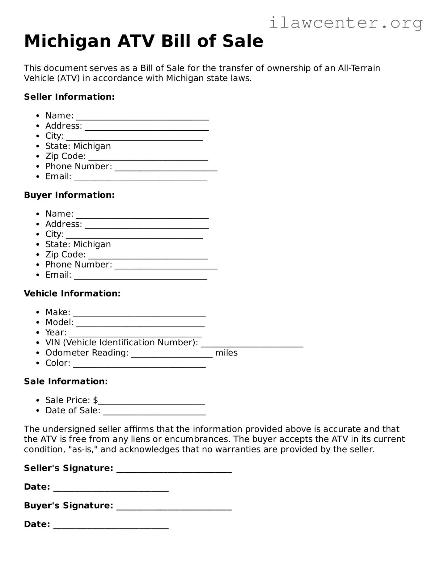 Attorney-Verified  ATV Bill of Sale Document for Michigan