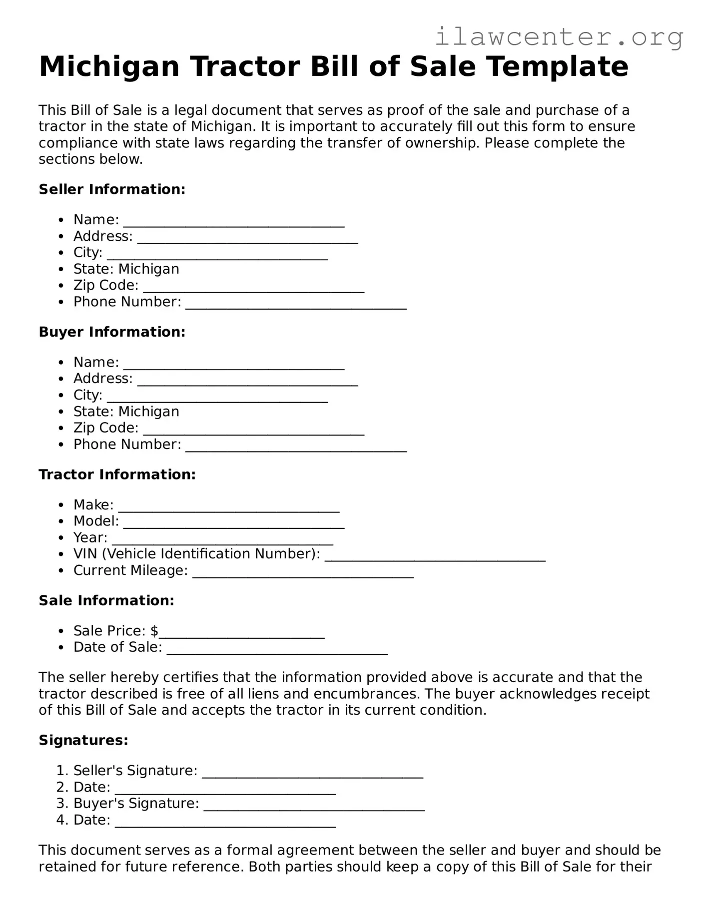 Attorney-Verified  Tractor Bill of Sale Document for Michigan