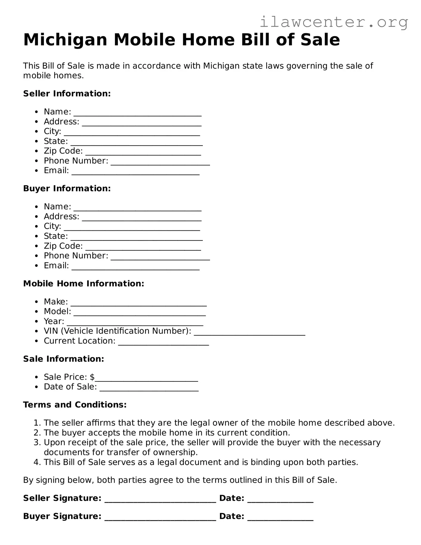Attorney-Verified  Mobile Home Bill of Sale Document for Michigan