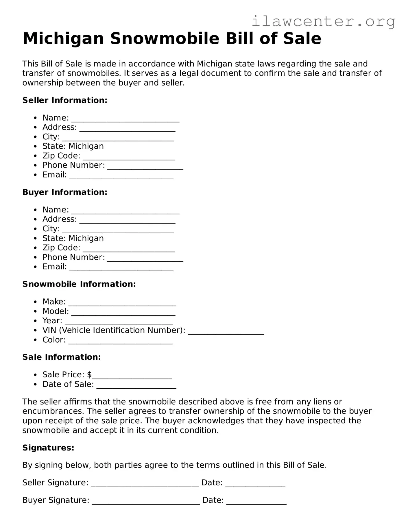 Attorney-Verified  Snowmobile Bill of Sale Document for Michigan