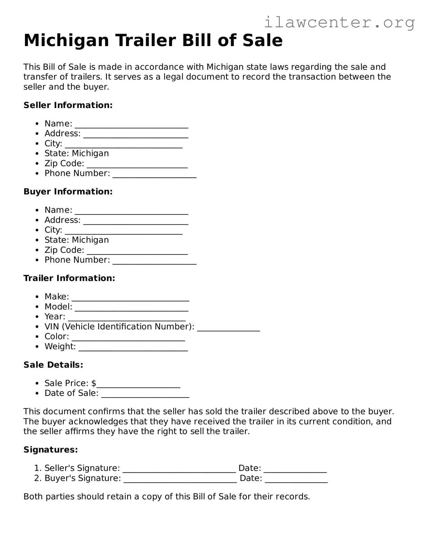 Attorney-Verified  Trailer Bill of Sale Document for Michigan