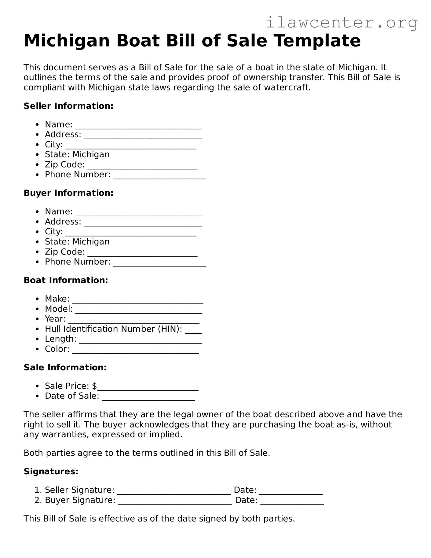 Attorney-Verified  Boat Bill of Sale Document for Michigan