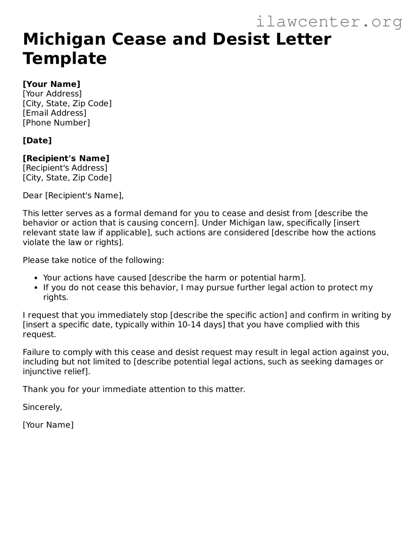 Attorney-Verified  Cease and Desist Letter Document for Michigan
