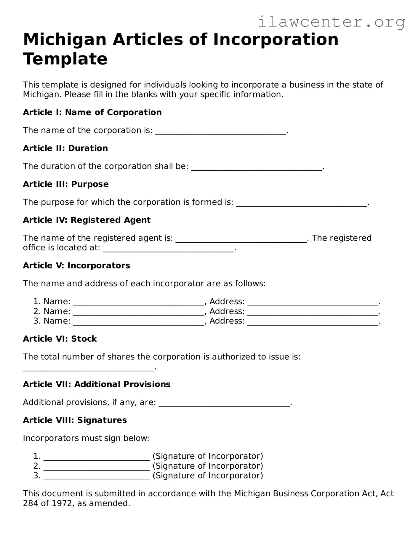 Attorney-Verified  Articles of Incorporation Document for Michigan