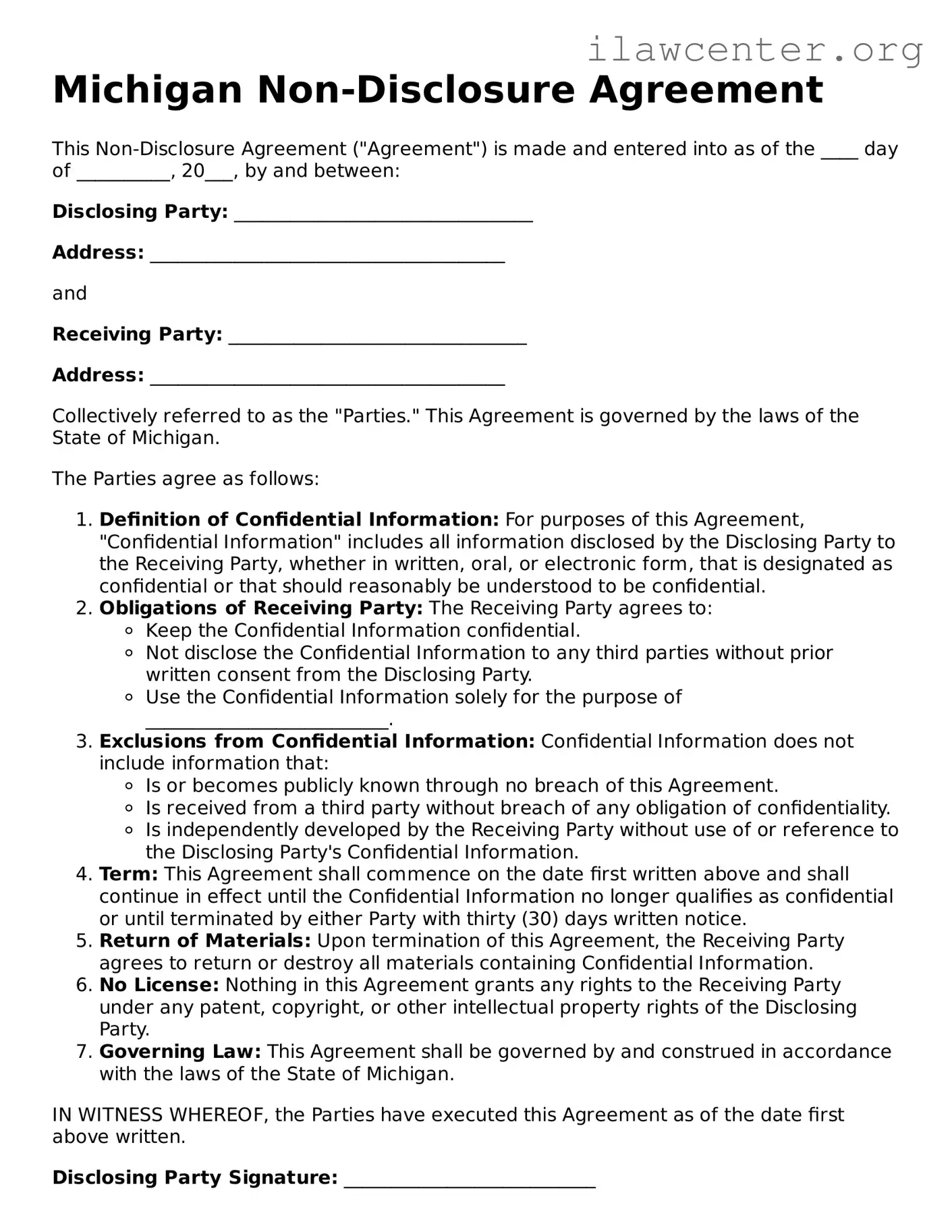 Attorney-Verified  Non-disclosure Agreement Document for Michigan