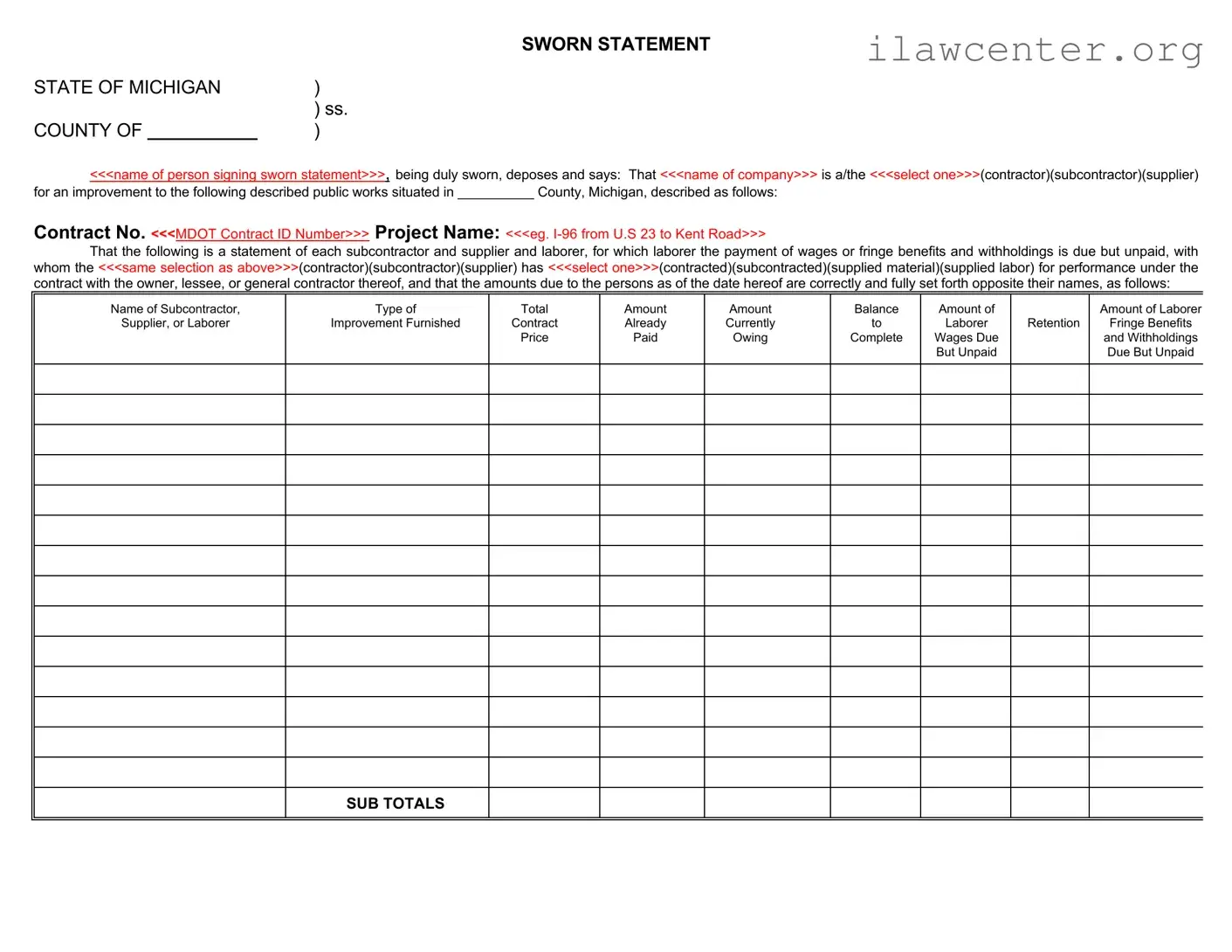 Michigan Sworn Statement PDF Template