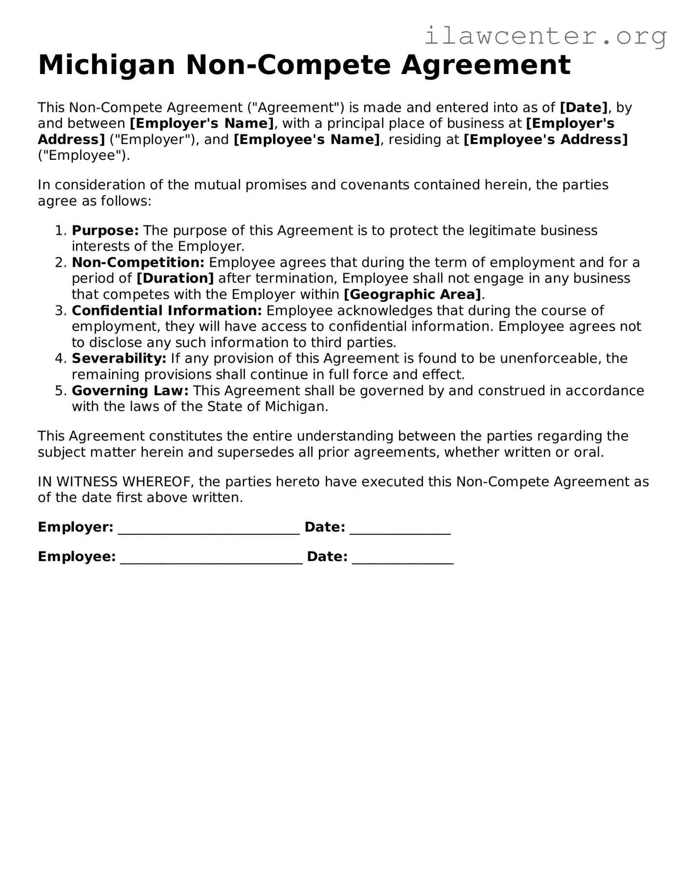 Attorney-Verified  Non-compete Agreement Document for Michigan