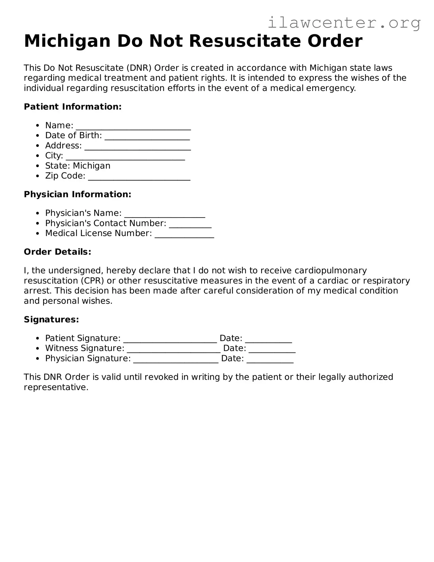 Attorney-Verified  Do Not Resuscitate Order Document for Michigan