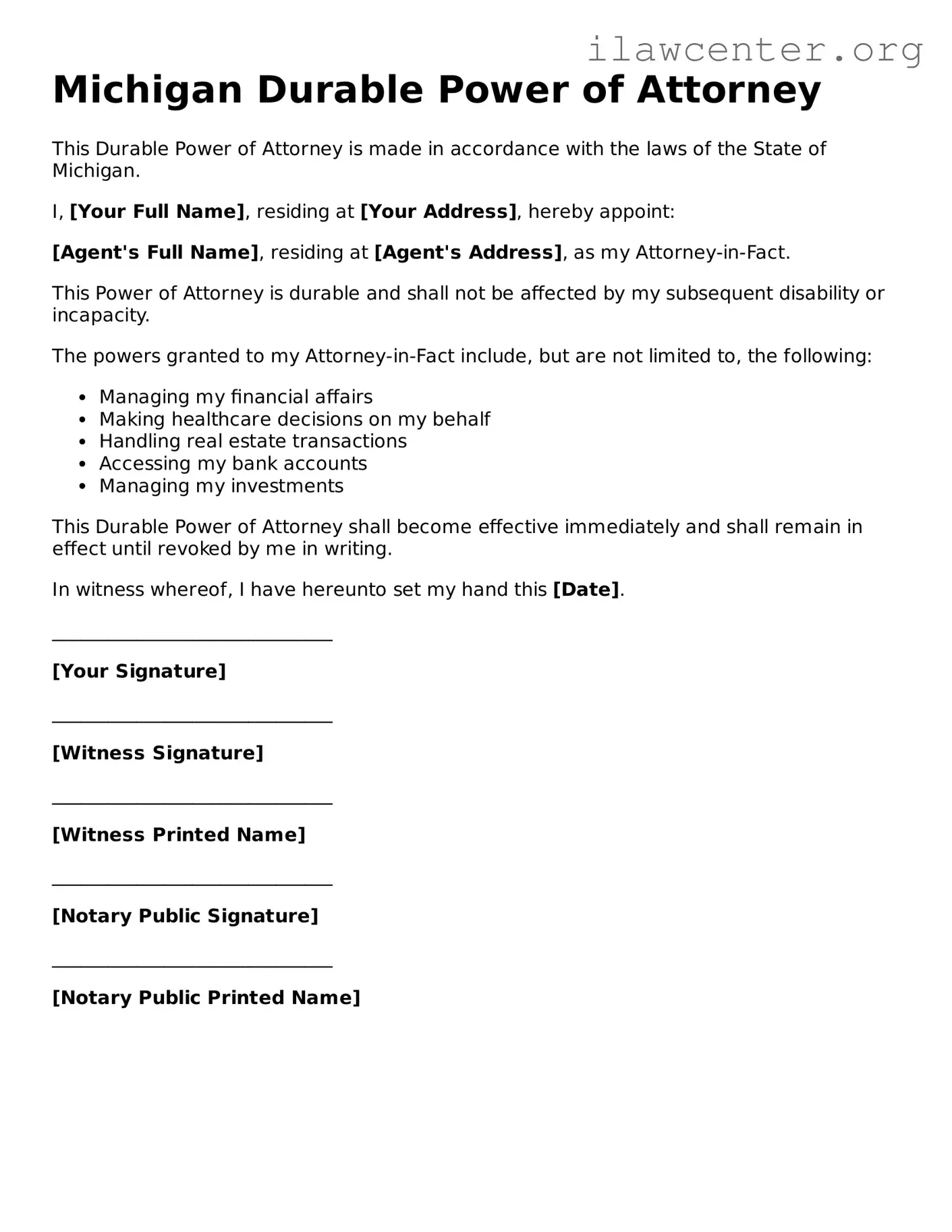 Attorney-Verified  Durable Power of Attorney Document for Michigan
