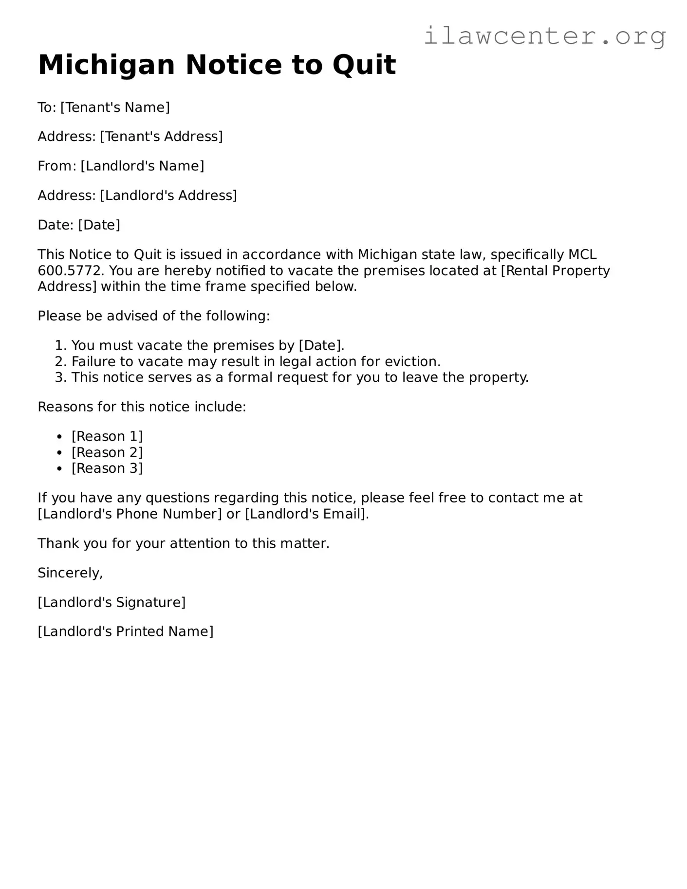 Attorney-Verified  Notice to Quit Document for Michigan