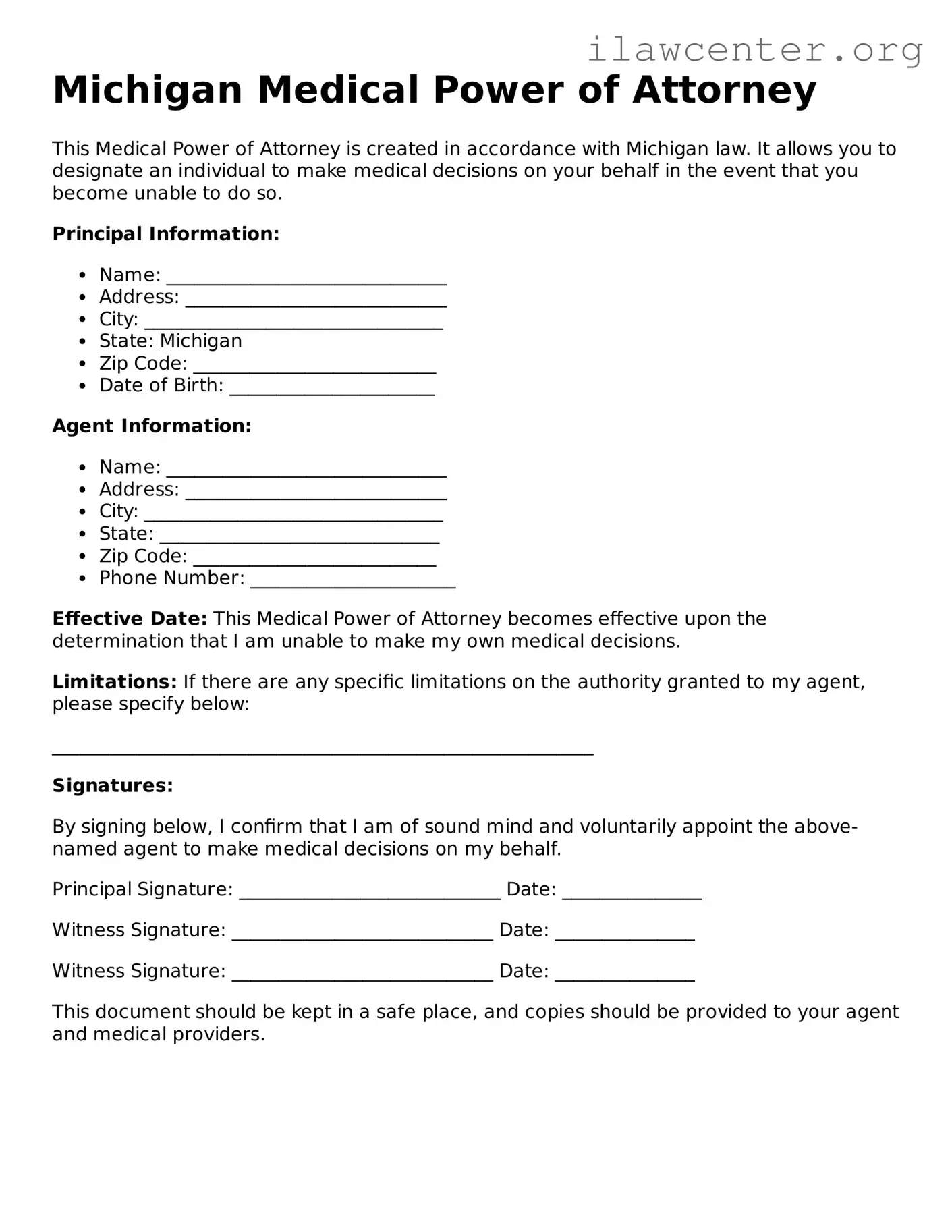 Attorney-Verified  Medical Power of Attorney Document for Michigan