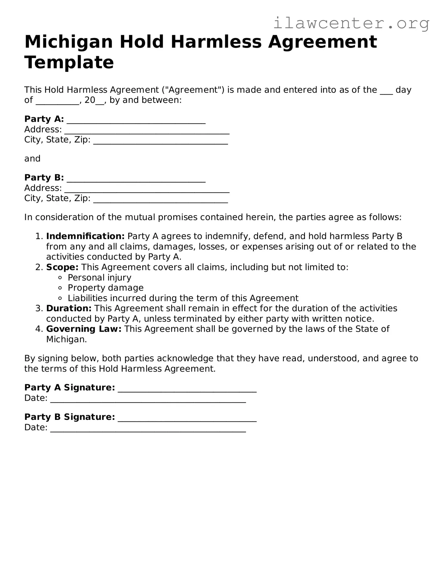 Attorney-Verified  Hold Harmless Agreement Document for Michigan