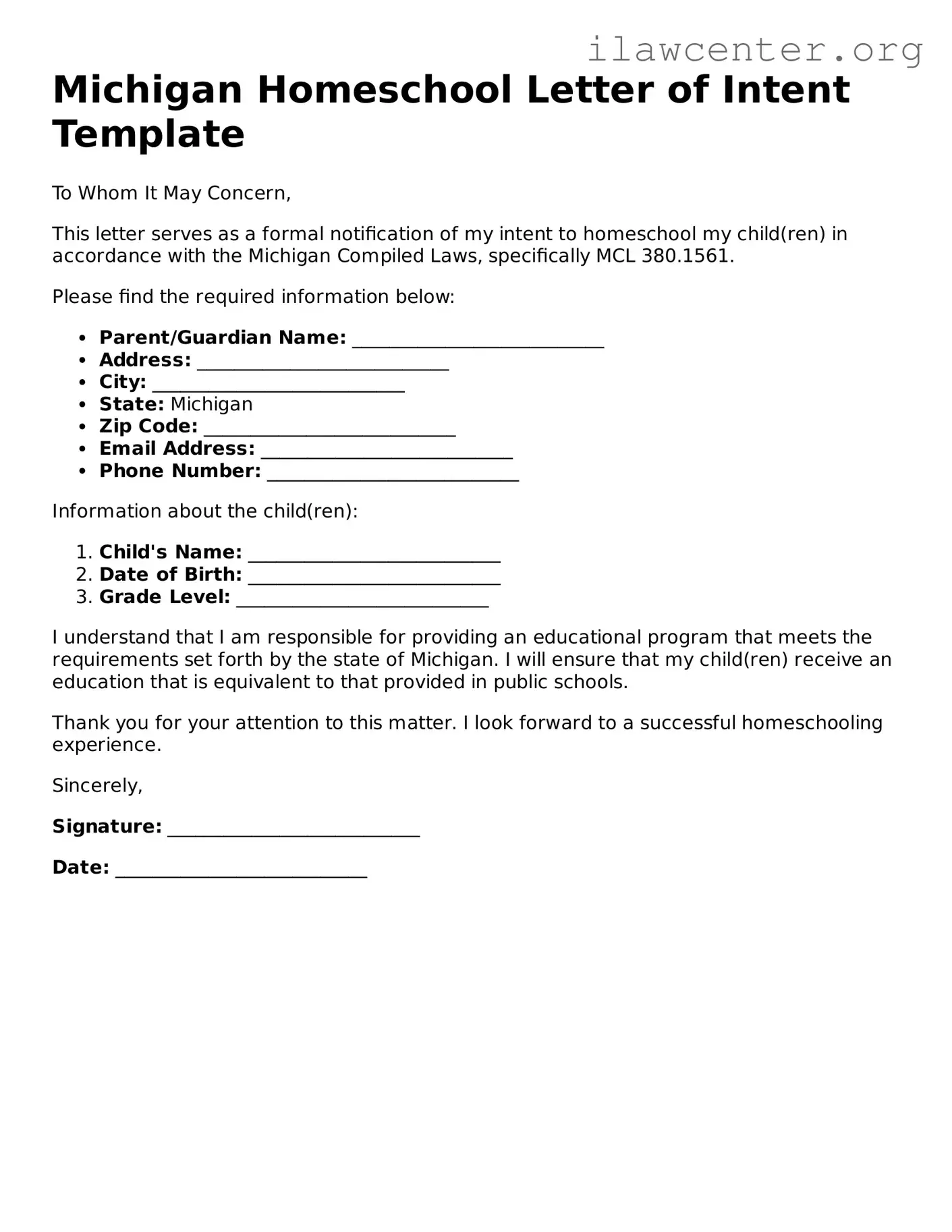 Attorney-Verified  Homeschool Letter of Intent Document for Michigan