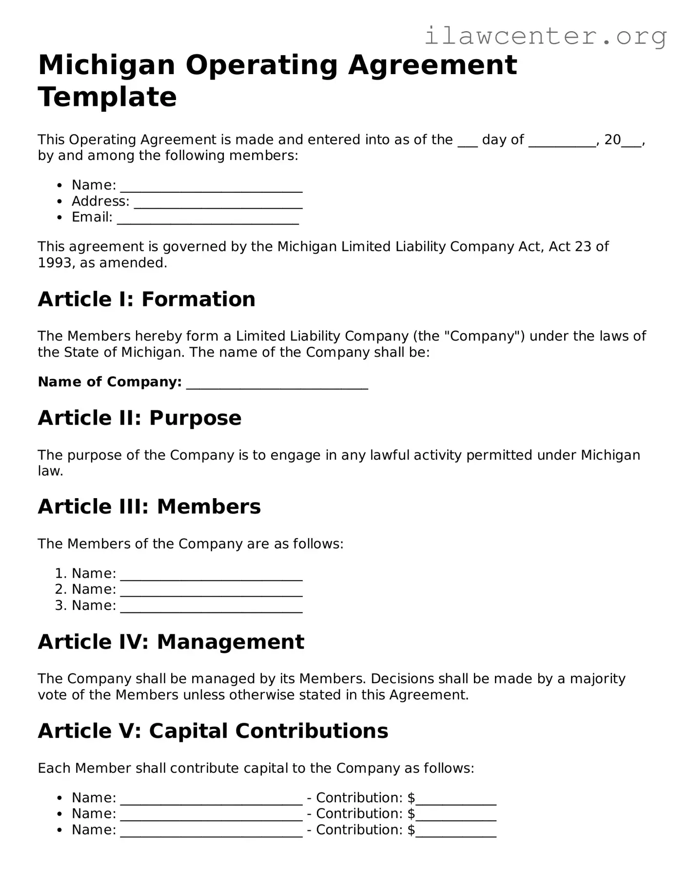 Attorney-Verified  Operating Agreement Document for Michigan
