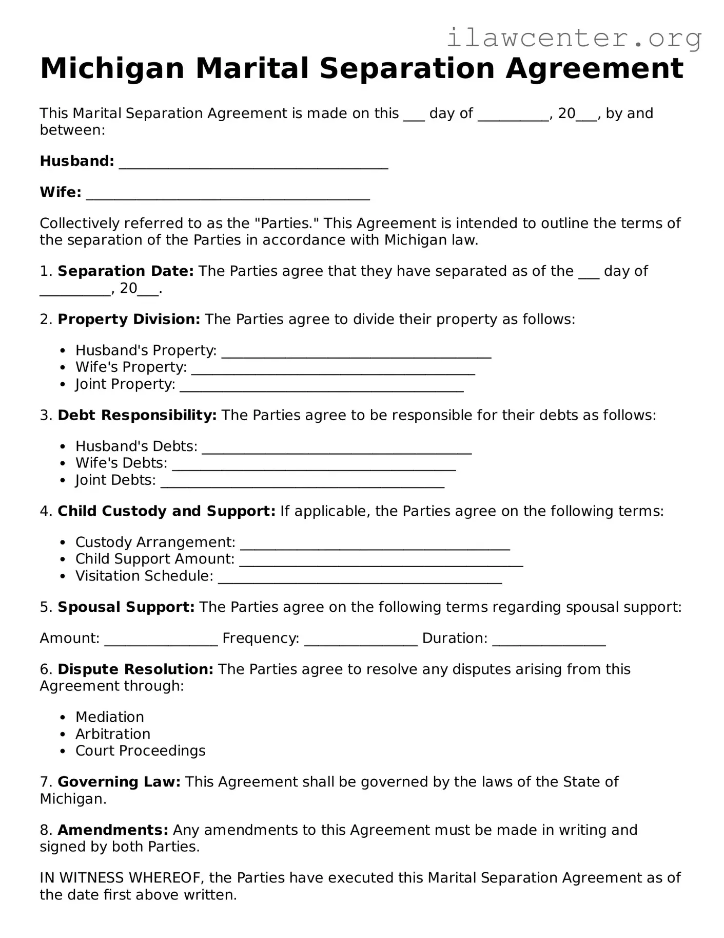 Attorney-Verified  Marital Separation Agreement Document for Michigan