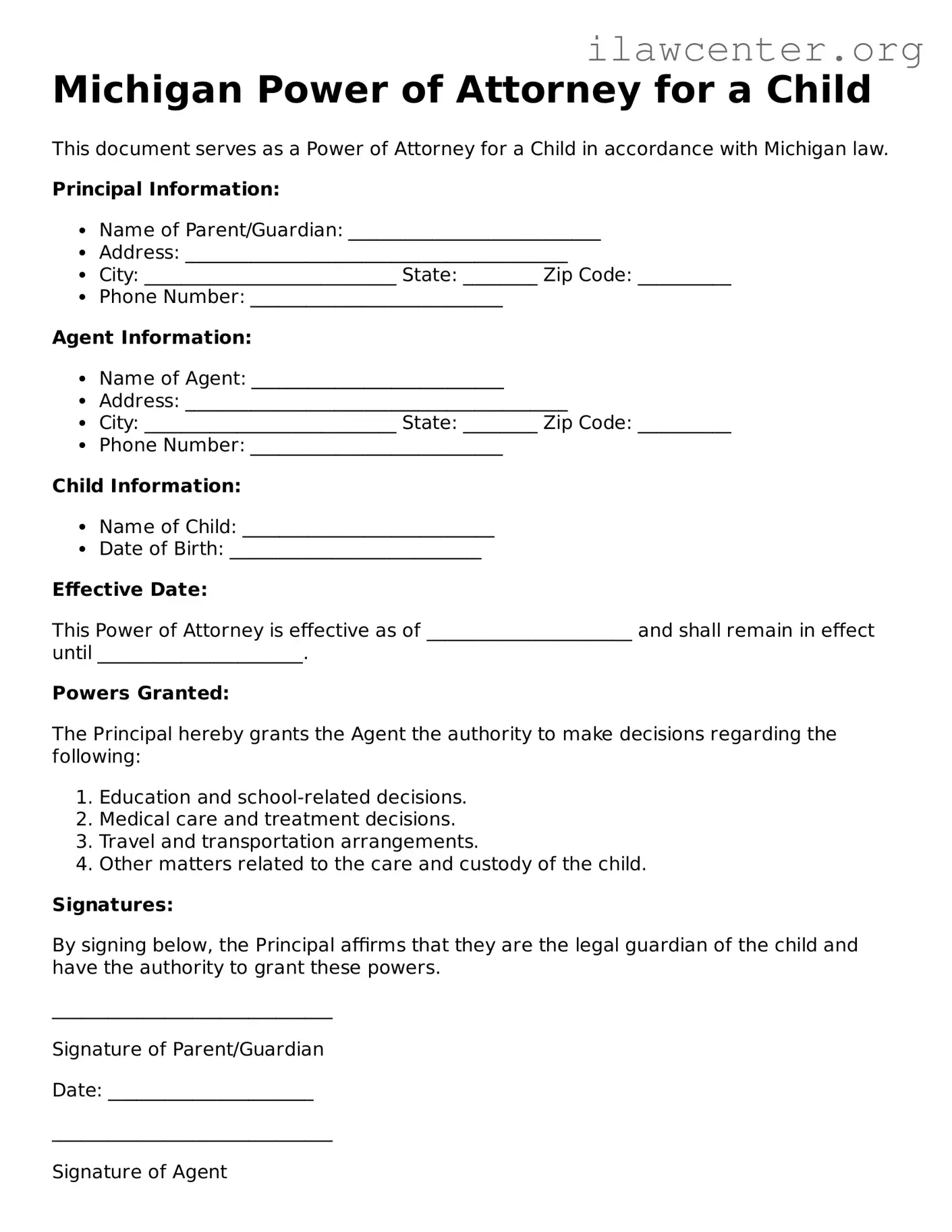Attorney-Verified  Power of Attorney for a Child Document for Michigan