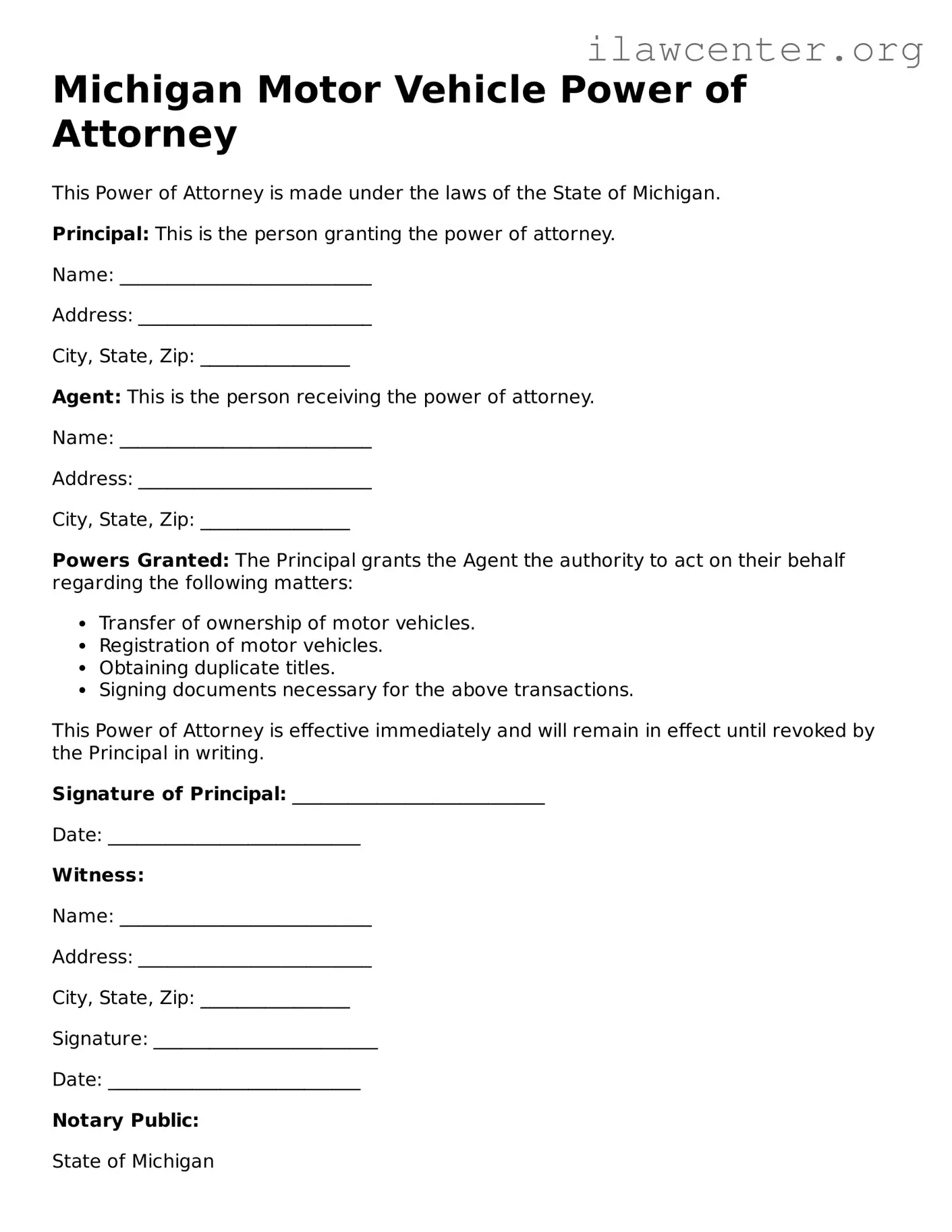 Attorney-Verified  Motor Vehicle Power of Attorney Document for Michigan