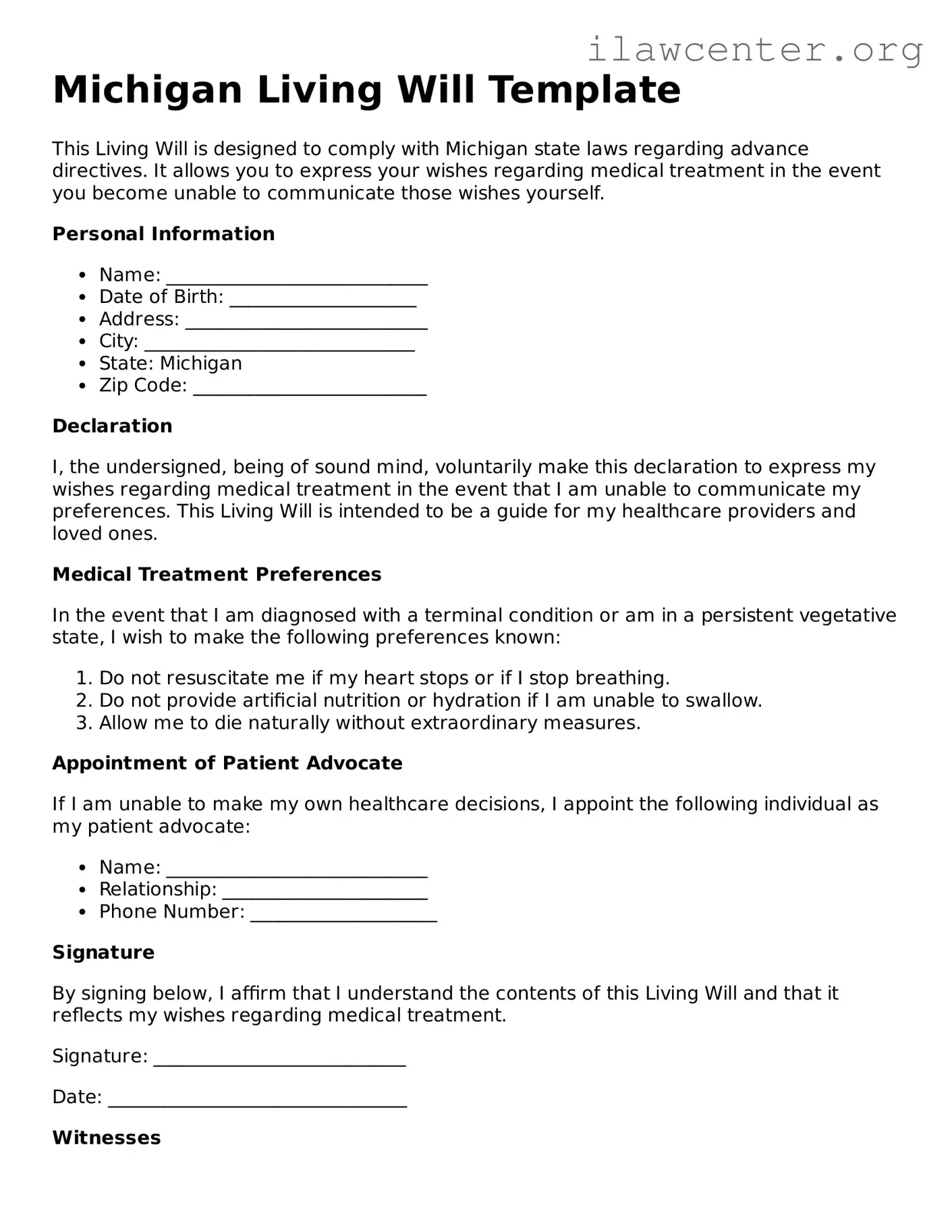 Attorney-Verified  Living Will Document for Michigan