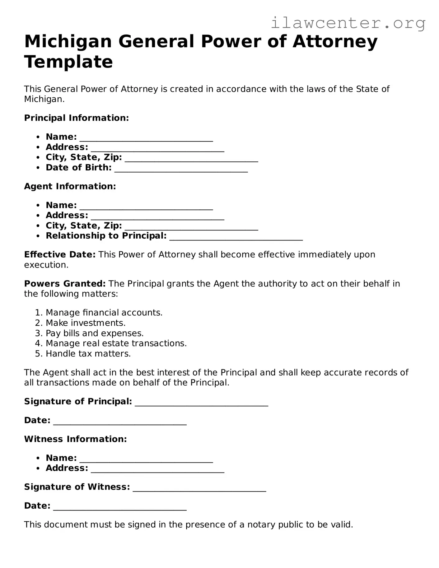 Attorney-Verified  General Power of Attorney Document for Michigan