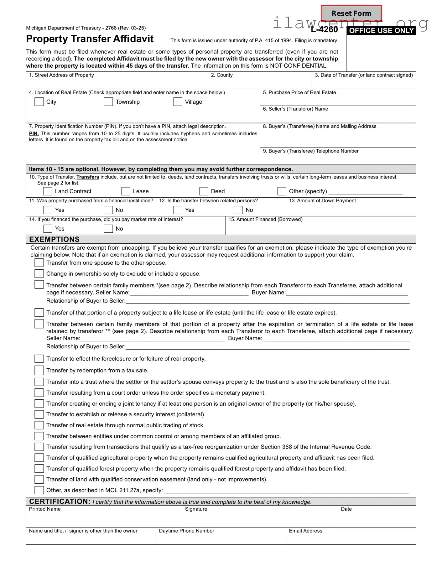 Michigan Property Transfer Affidavit 2766 PDF Template
