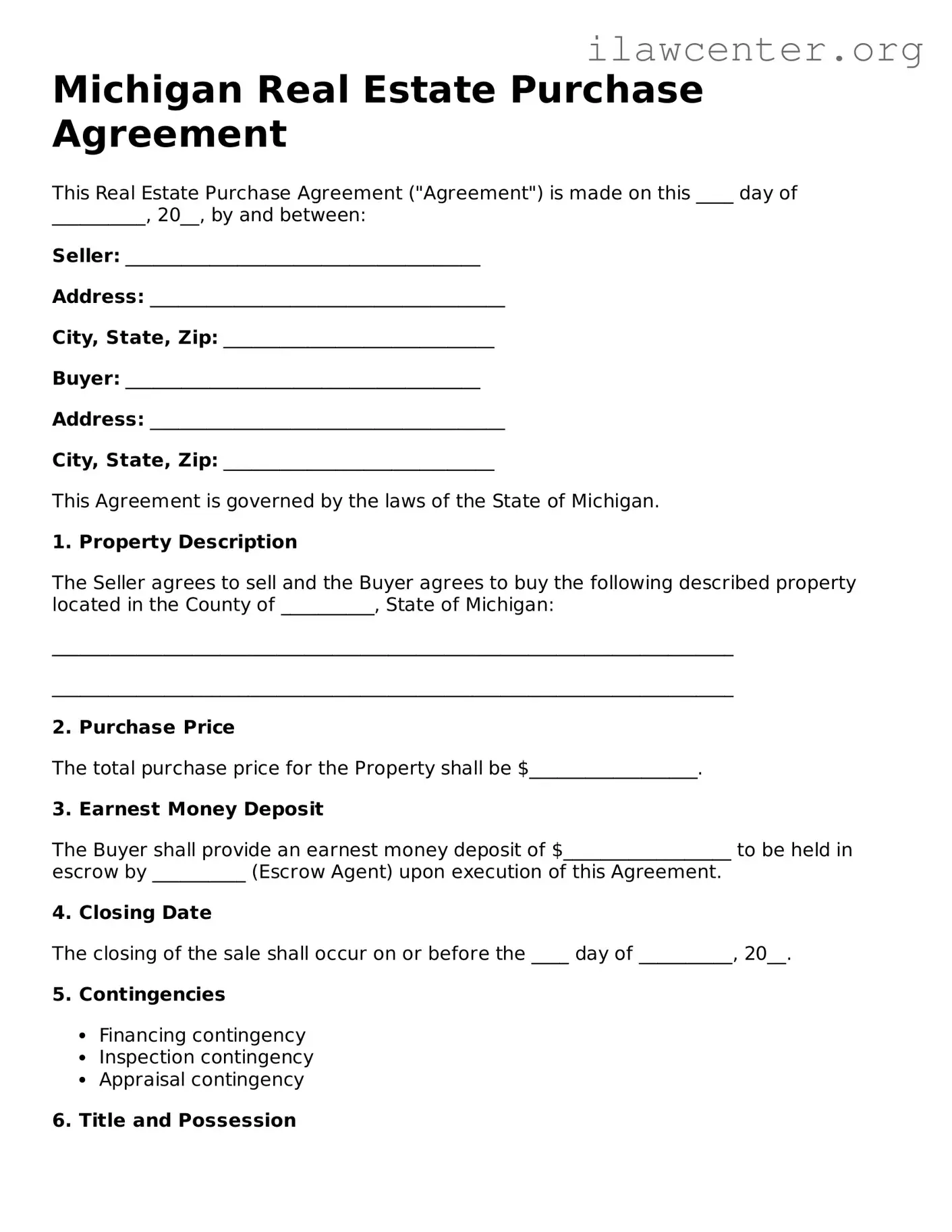 Attorney-Verified  Real Estate Purchase Agreement Document for Michigan