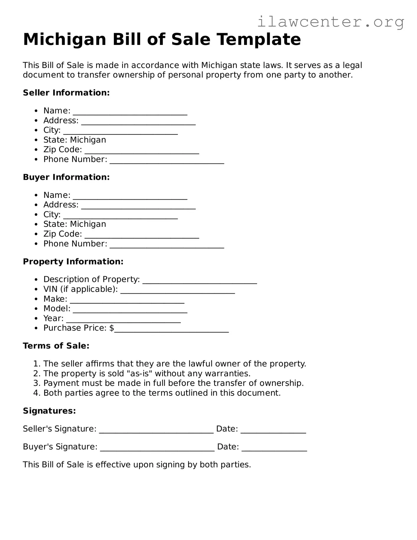 Attorney-Verified  Bill of Sale Document for Michigan