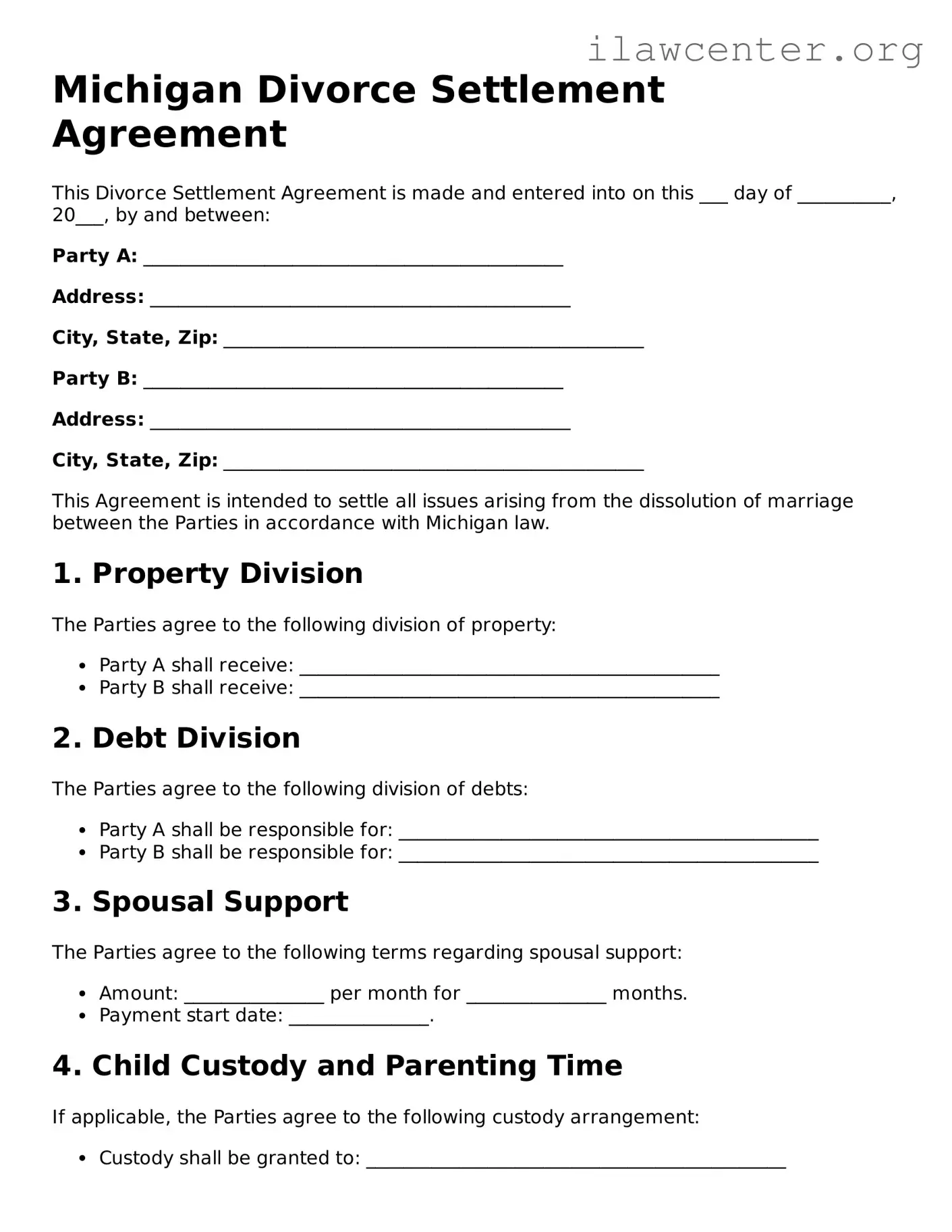 Attorney-Verified  Divorce Settlement Agreement Document for Michigan