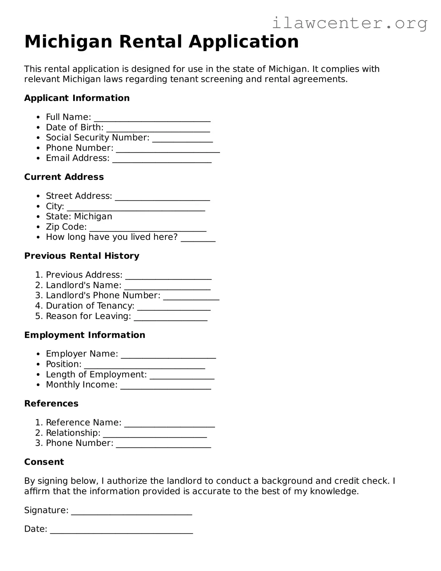 Attorney-Verified  Rental Application Document for Michigan