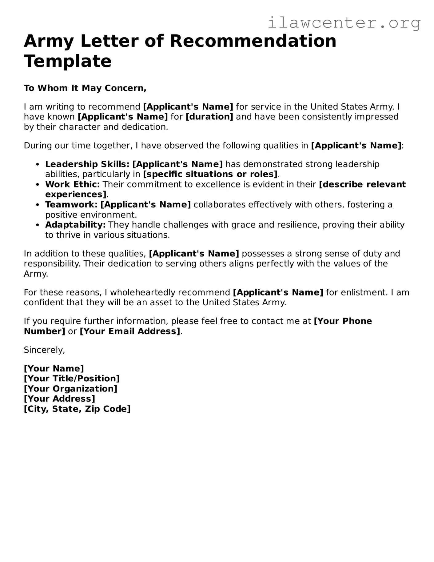 Fillable Army Letter of Recommendation Document