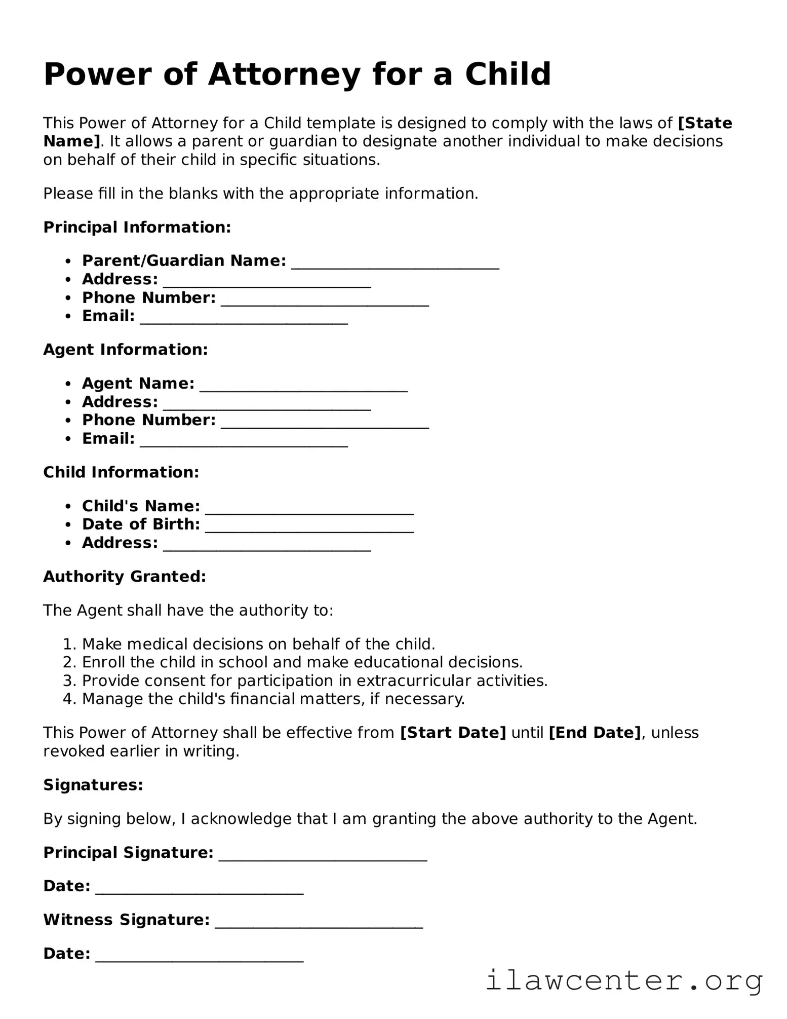 Fillable Power of Attorney for a Child Document