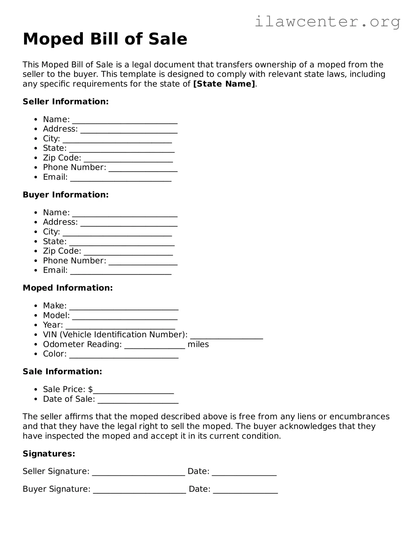 Fillable Moped Bill of Sale Document