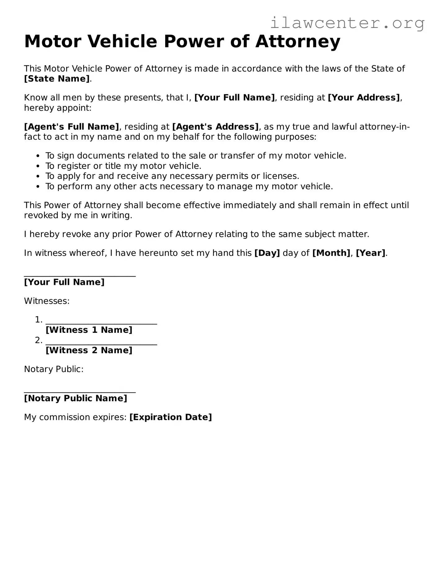 Fillable Motor Vehicle Power of Attorney Document