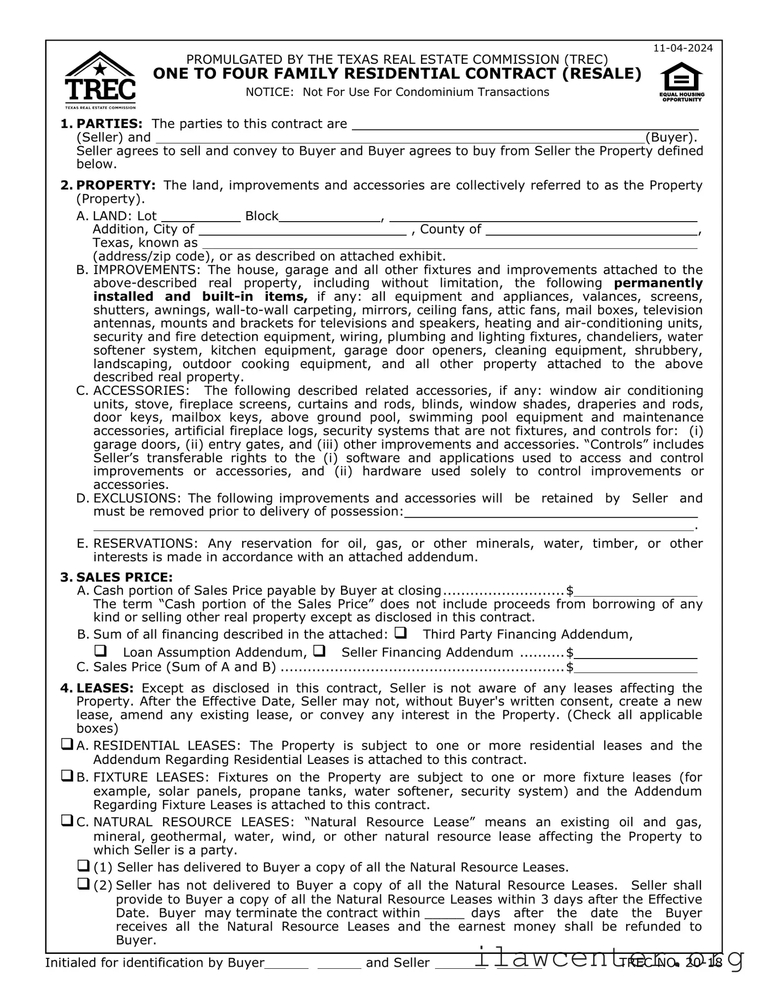 TREC One to four family residential contract PDF Template
