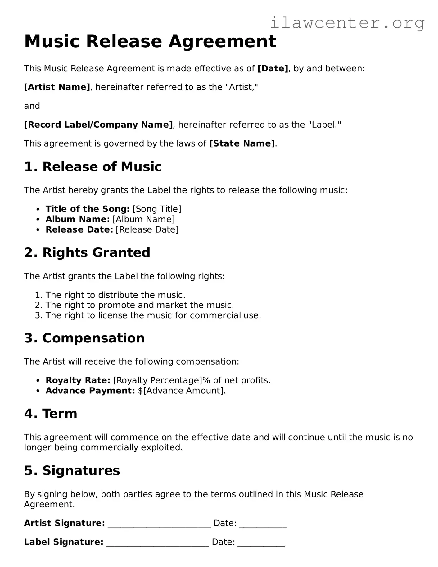 Fillable Music Release Document
