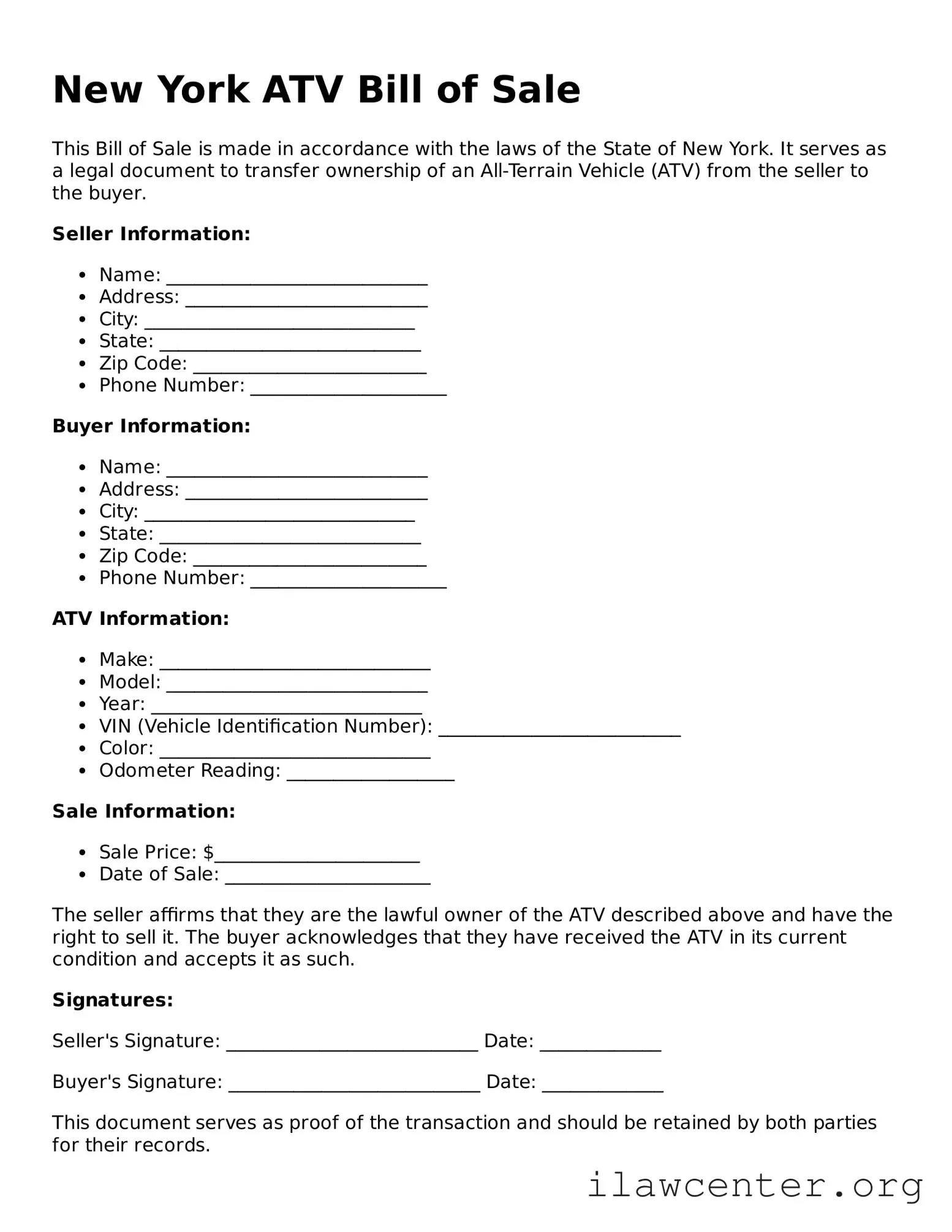 Attorney-Verified  ATV Bill of Sale Document for New York