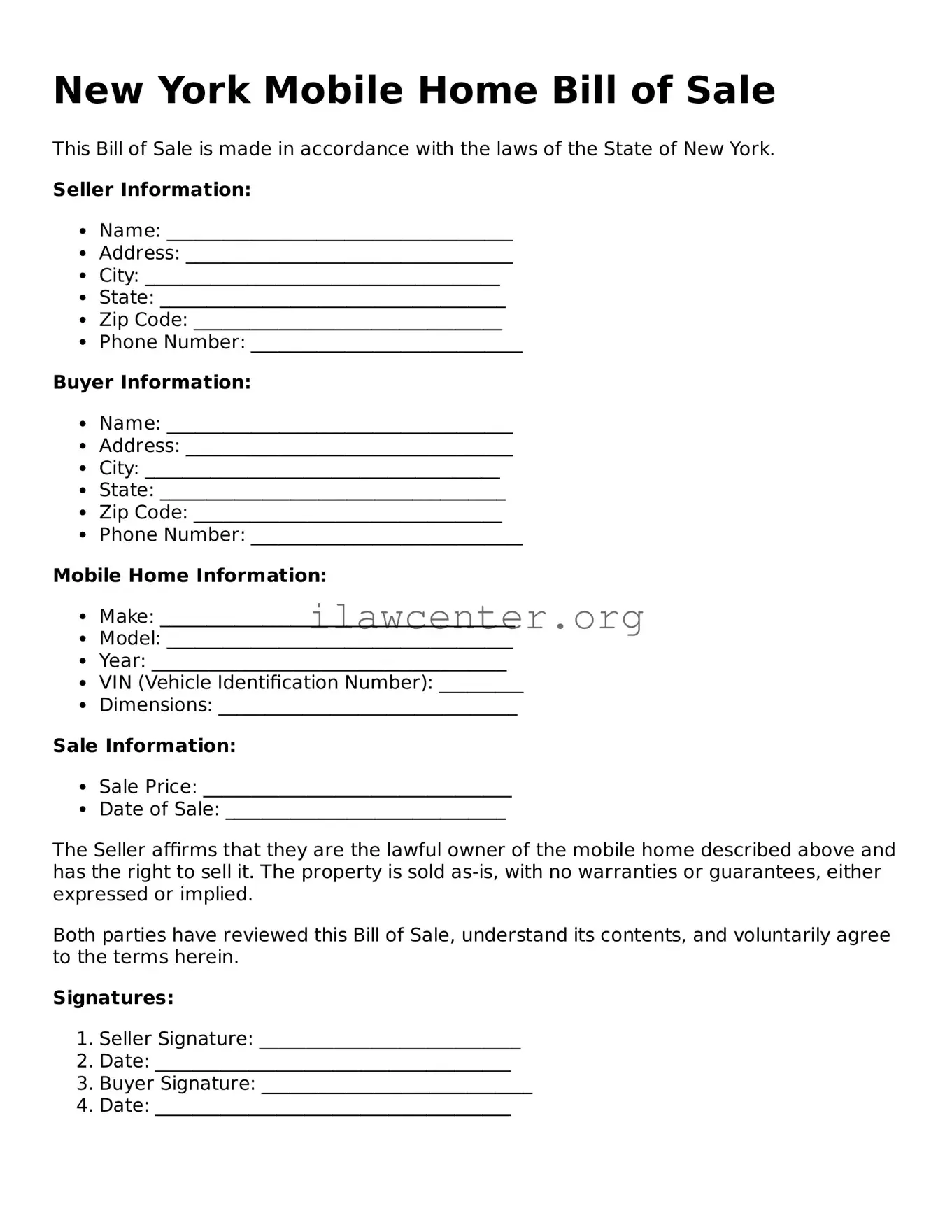 Attorney-Verified  Mobile Home Bill of Sale Document for New York